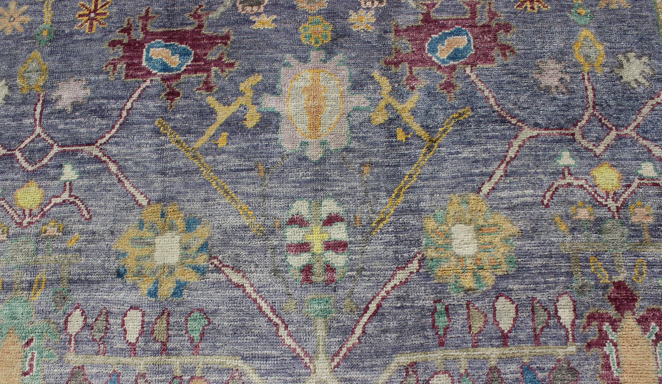 Wool Colorful Turkish Oushak Rug with All-Over Flower Design in Ink Blue & Maroon
