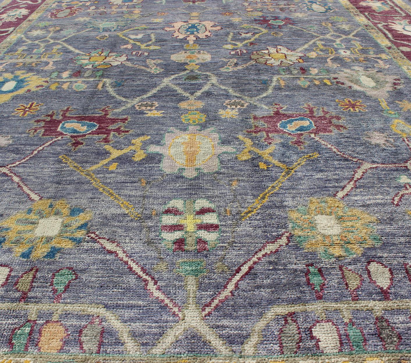 Colorful Turkish Oushak Rug with All-Over Flower Design in Ink Blue & Maroon 2