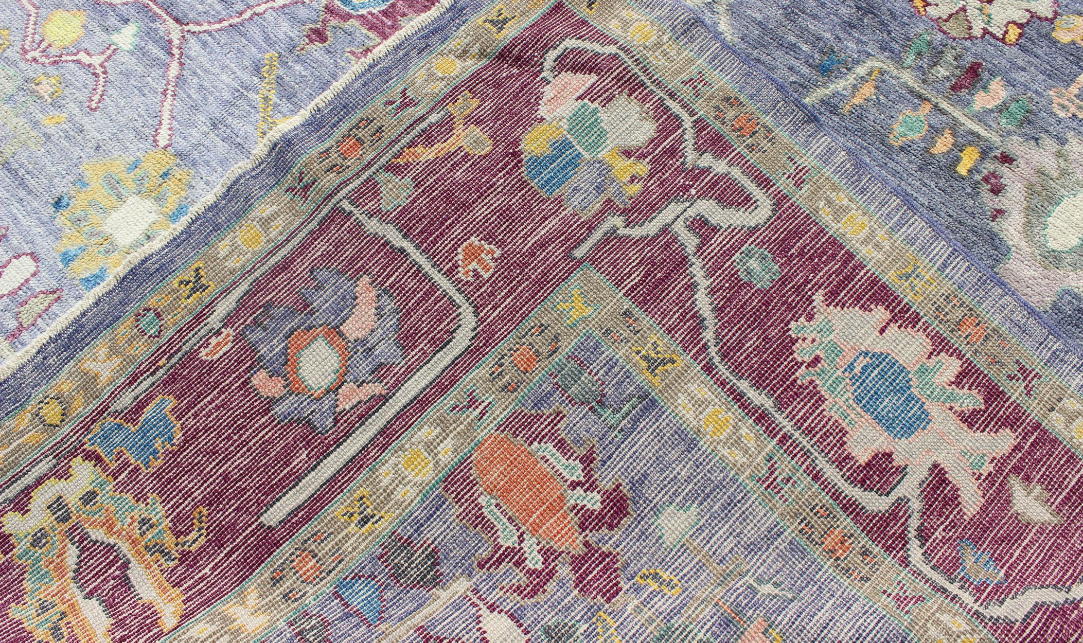 Colorful Turkish Oushak Rug with All-Over Flower Design in Ink Blue & Maroon 3