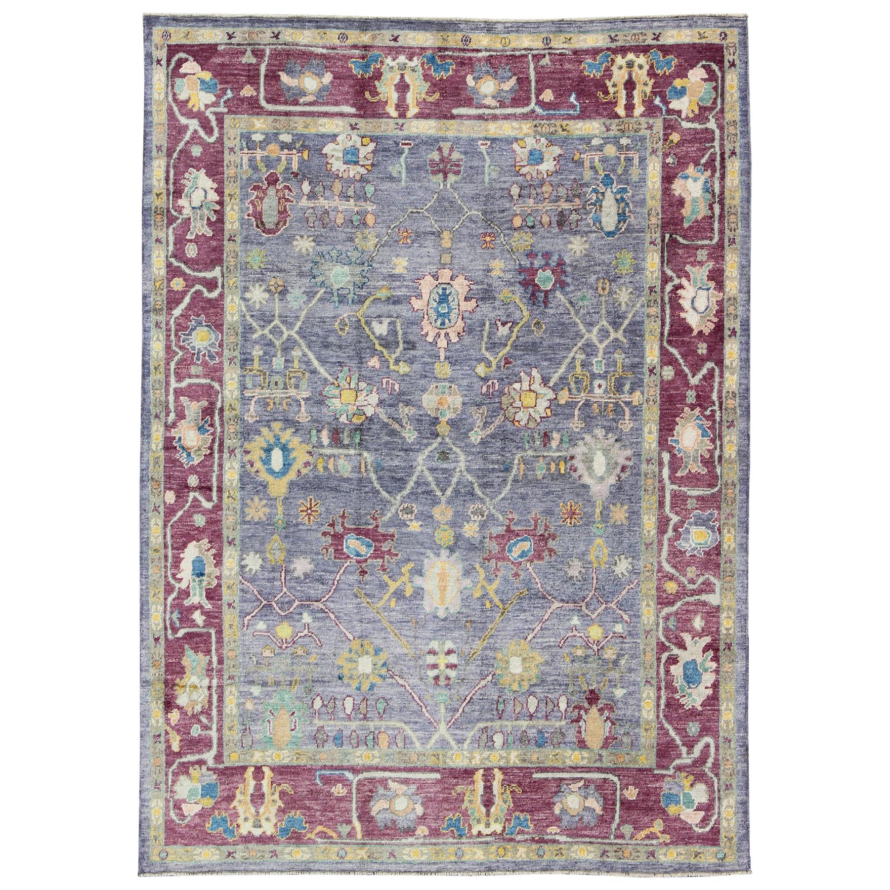 Colorful Turkish Oushak Rug with All-Over Flower Design in Ink Blue & Maroon