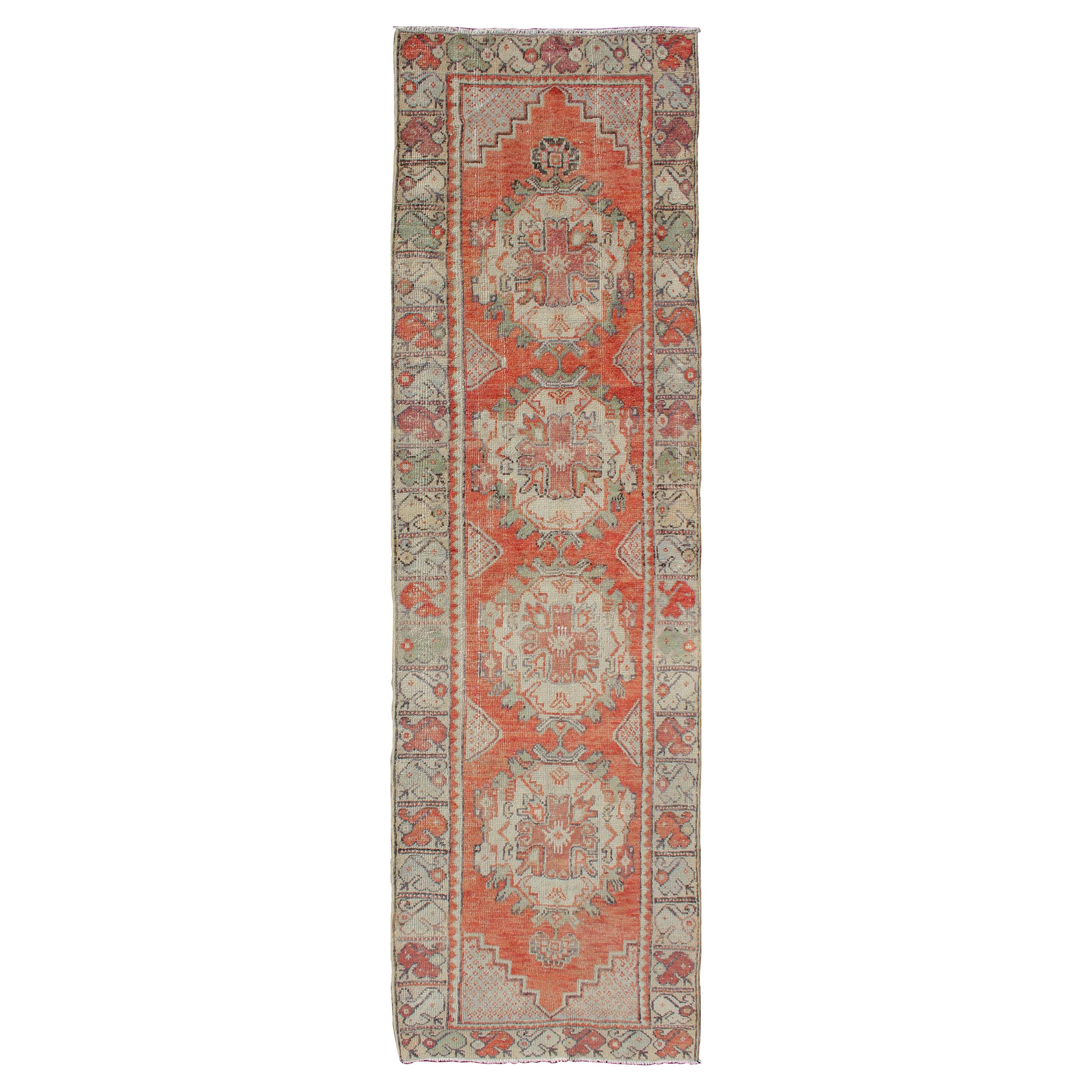 Colorful Turkish Oushak Runner with Layered Medallions and Complimentary Border