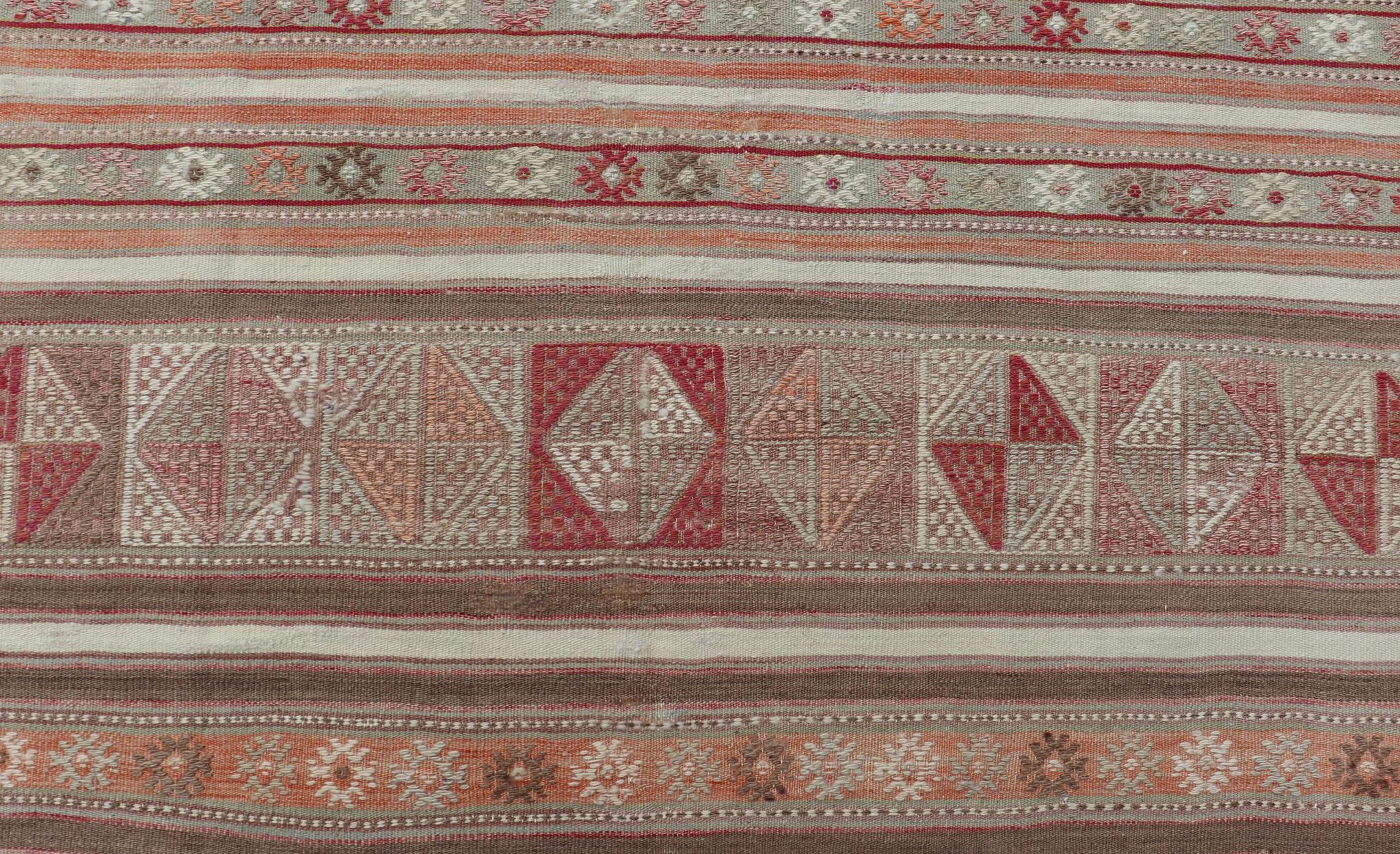 Hand-Woven Colorful Turkish Vintage Embroidered Kilim with Stripes and Geometric Motifs For Sale