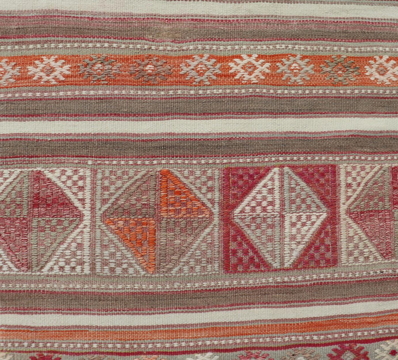 Colorful Turkish Vintage Embroidered Kilim with Stripes and Geometric Motifs In Good Condition For Sale In Atlanta, GA