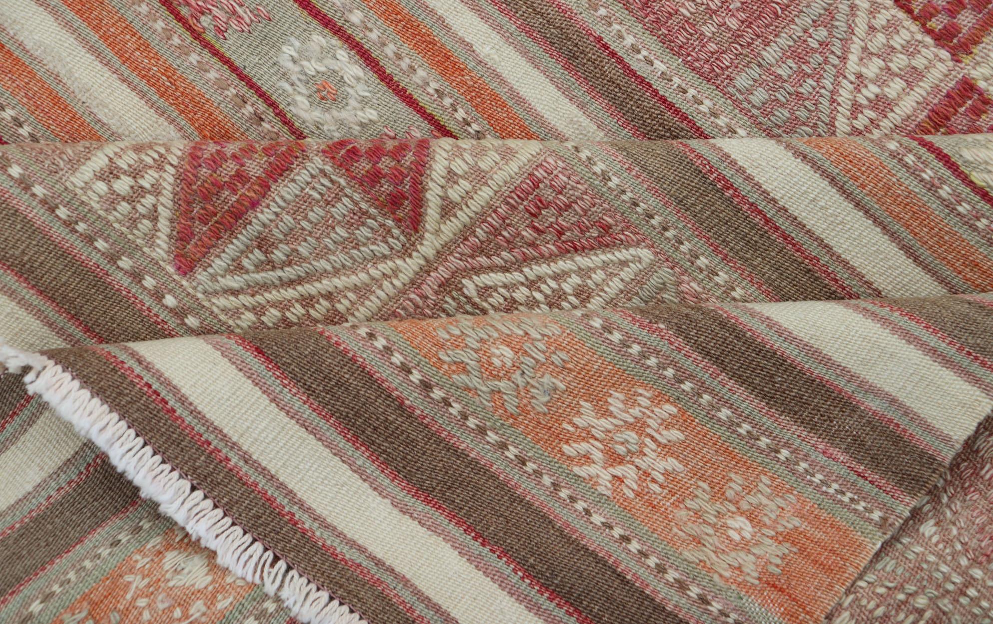 Colorful Turkish Vintage Embroidered Kilim with Stripes and Geometric Motifs For Sale 3