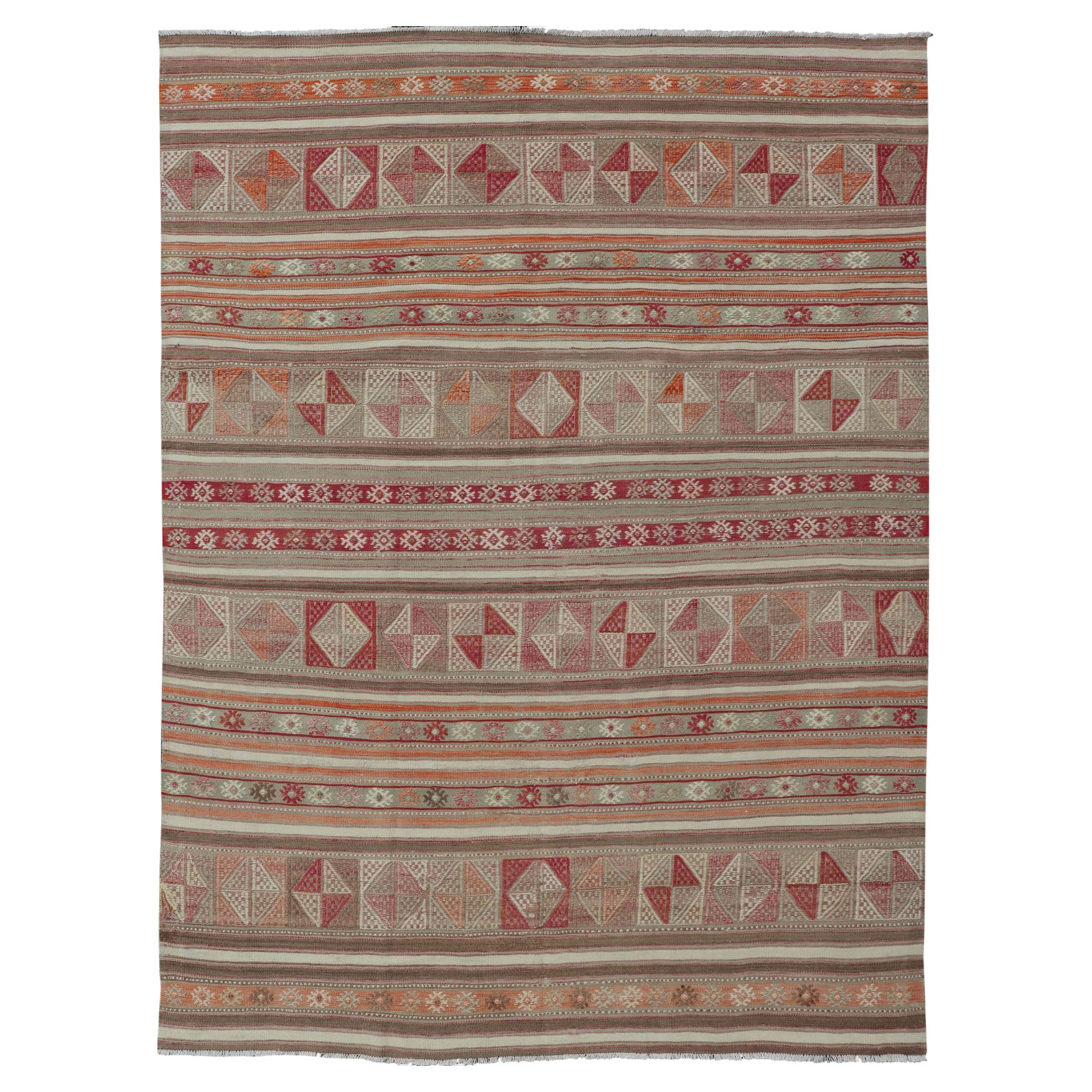 Colorful Turkish Vintage Embroidered Kilim with Stripes and Geometric Motifs