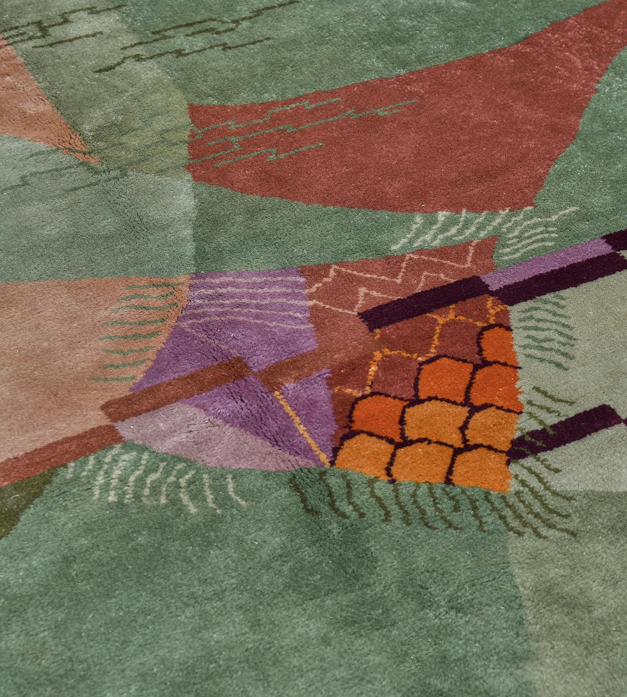 Art Deco Colorful Vibrant Abstract Wool Hand-woven Green Chinese Deco Rug For Sale