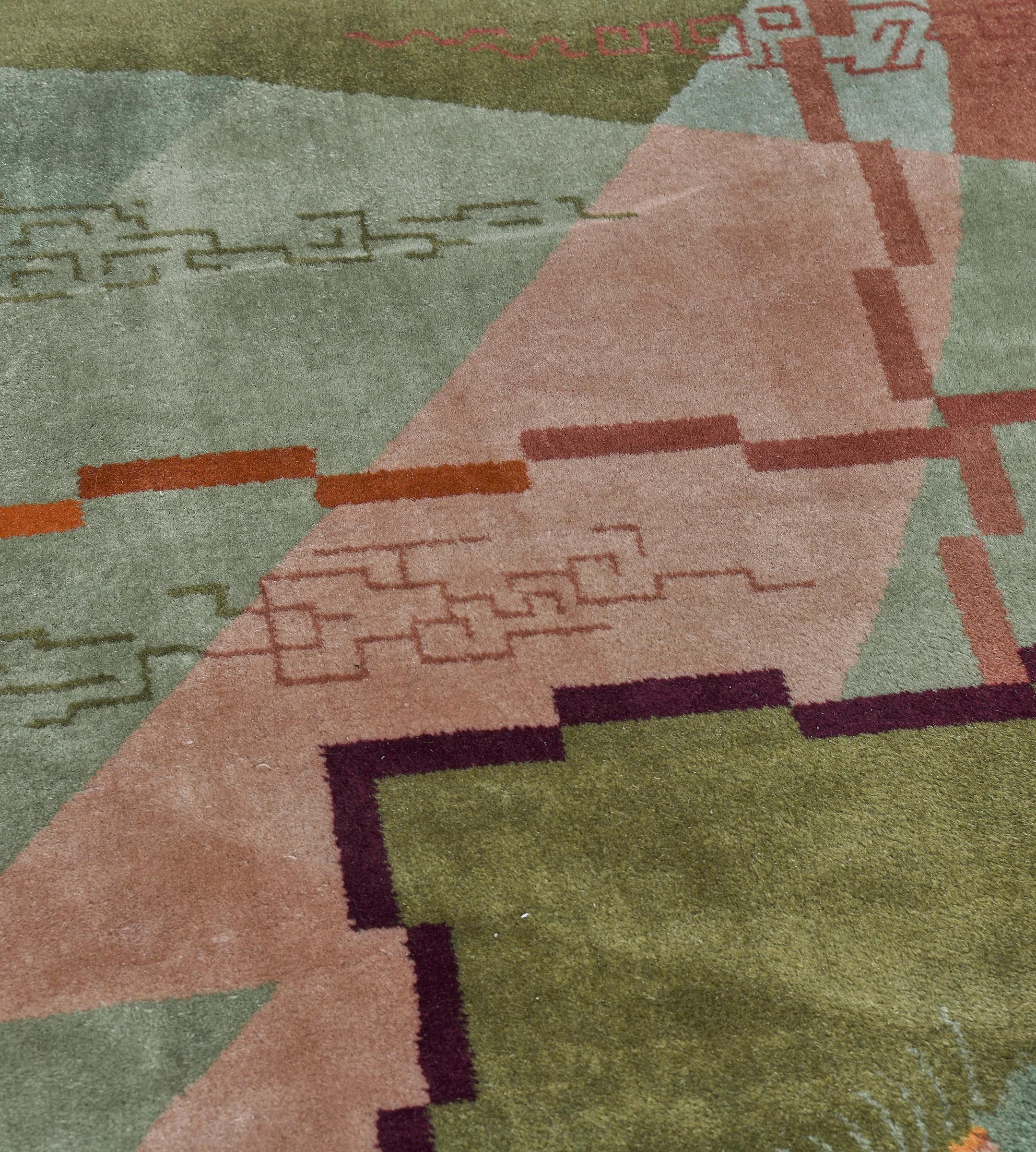 Hand-Woven Colorful Vibrant Abstract Wool Hand-woven Green Chinese Deco Rug For Sale