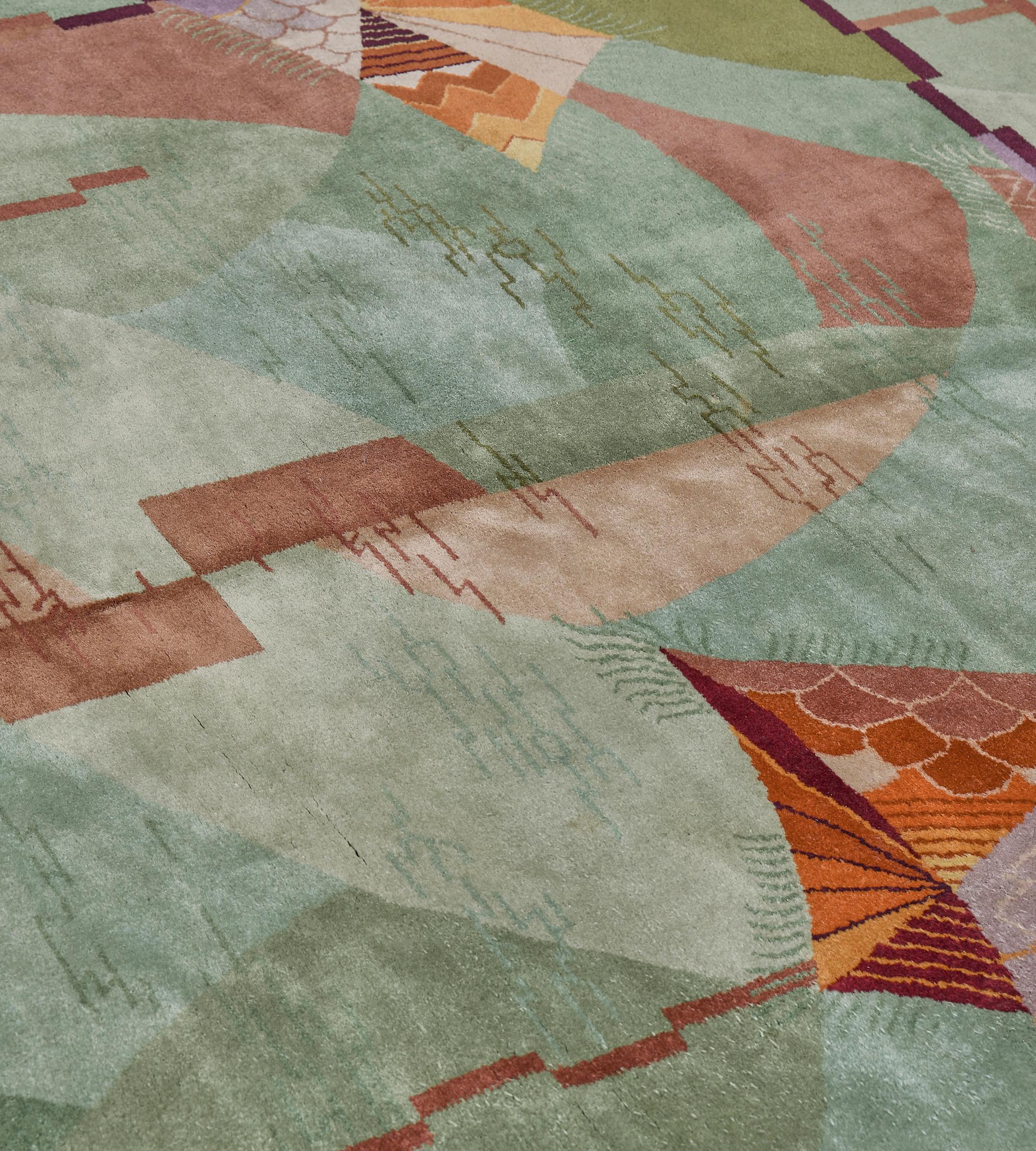 Colorful Vibrant Abstract Wool Hand-woven Green Chinese Deco Rug In Good Condition For Sale In West Hollywood, CA