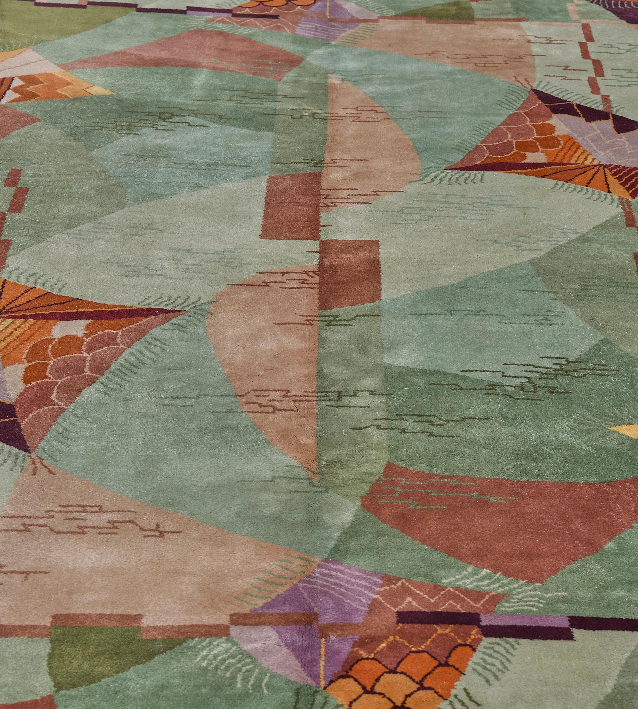 Colorful Vibrant Abstract Wool Hand-woven Green Chinese Deco Rug For Sale 2