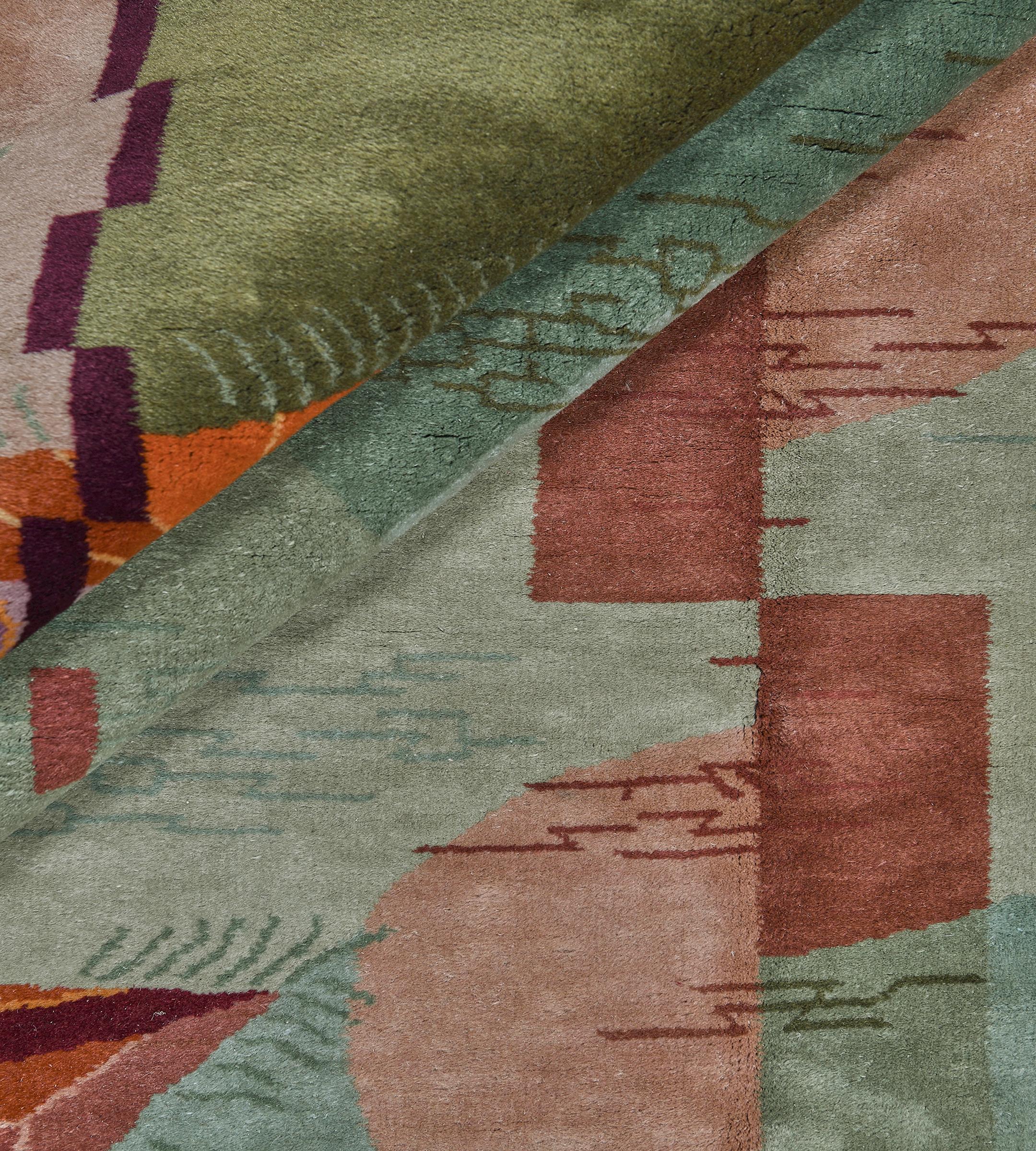 Colorful Vibrant Abstract Wool Hand-woven Green Chinese Deco Rug For Sale 3