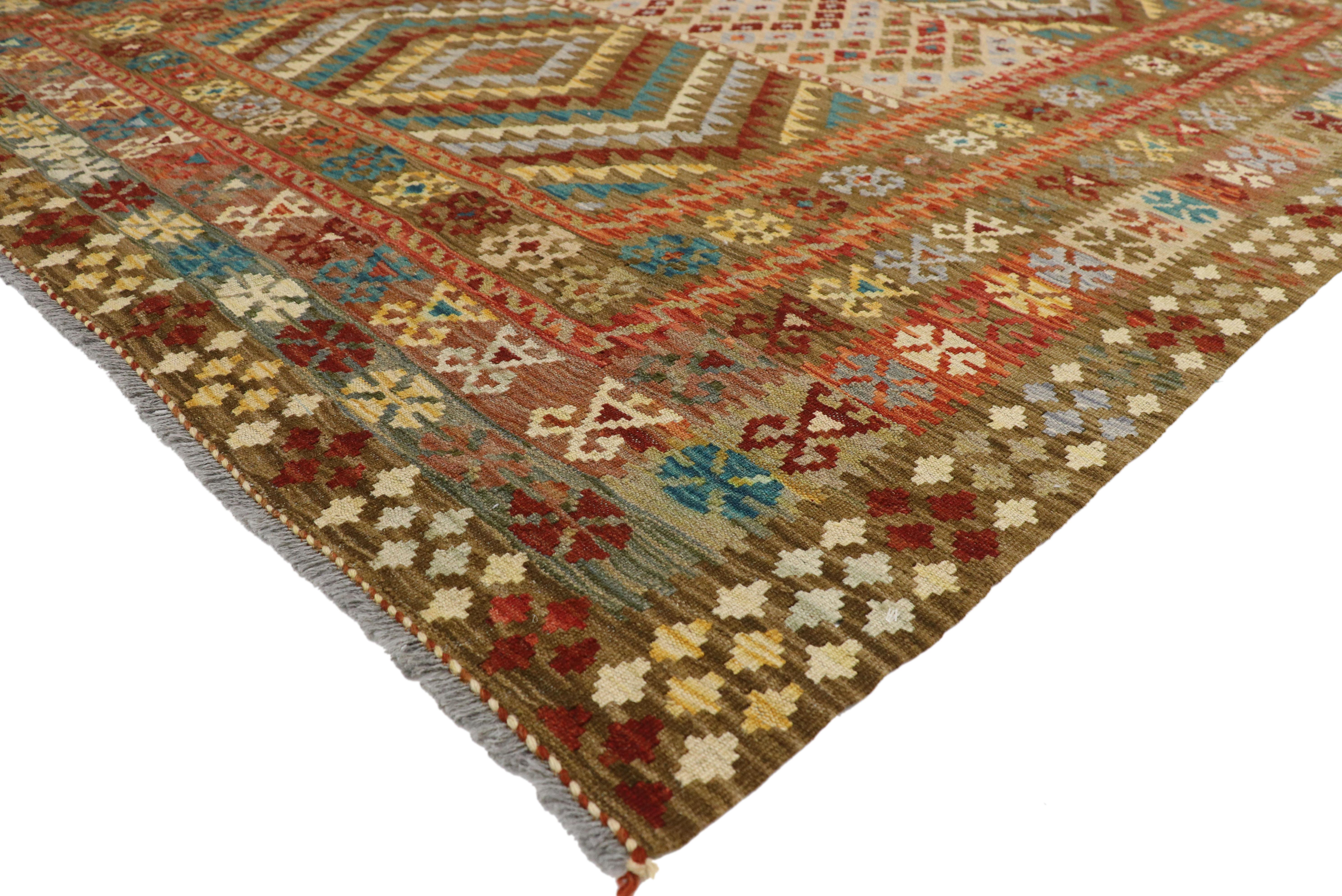 80151 Vintage Afghan Kilim Rug, 06'03 X 07'06. Afghan kilim rugs, also known as Afghan flatweave rugs, are traditional handwoven textiles originating from Afghanistan. Renowned for their vibrant colors, intricate patterns, and durable construction,