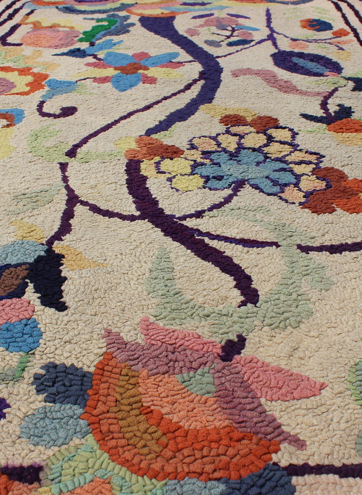 American Craftsman Colorful Vintage American Hooked Rug with Branching Rainbow-Colored Flowers For Sale