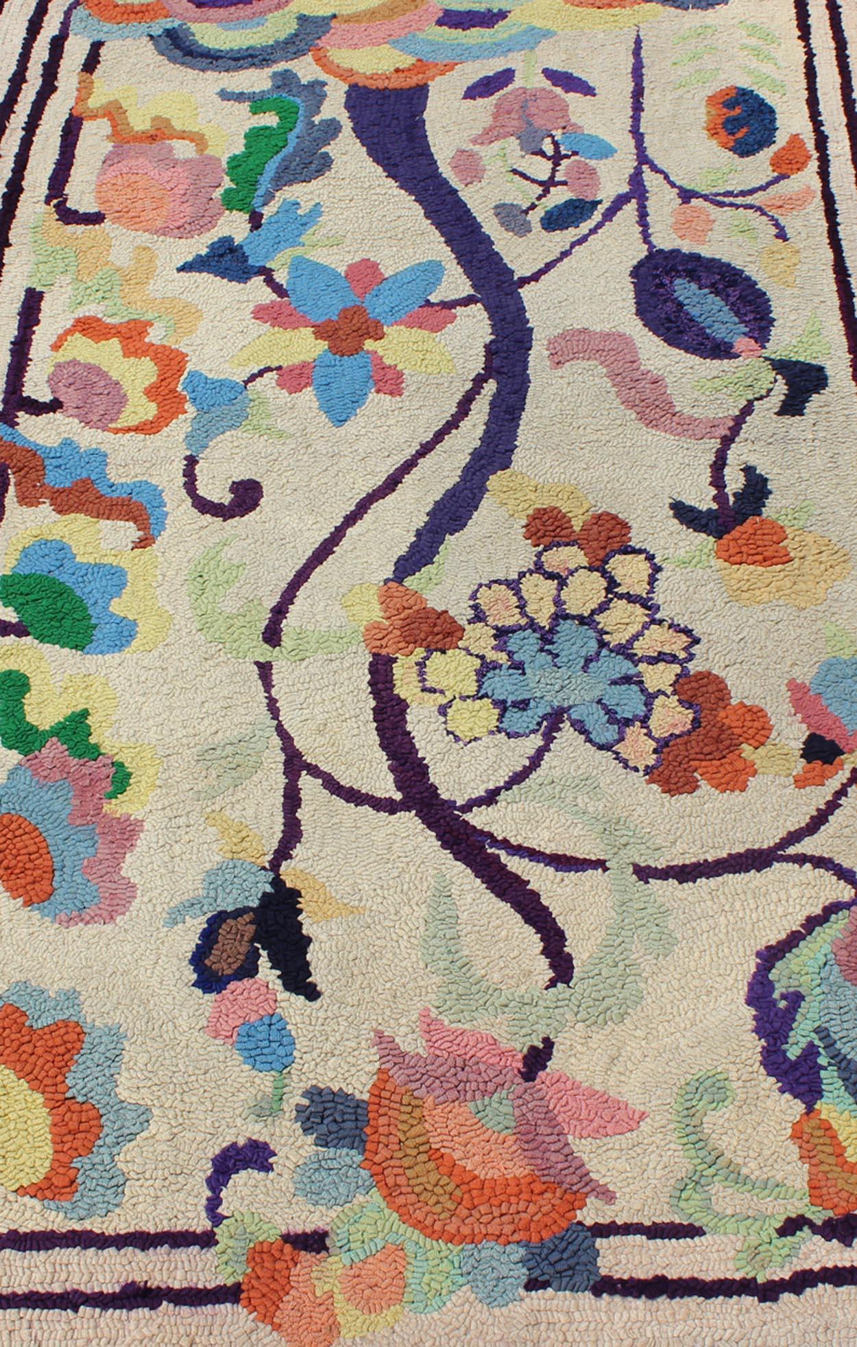 Hand-Knotted Colorful Vintage American Hooked Rug with Branching Rainbow-Colored Flowers For Sale