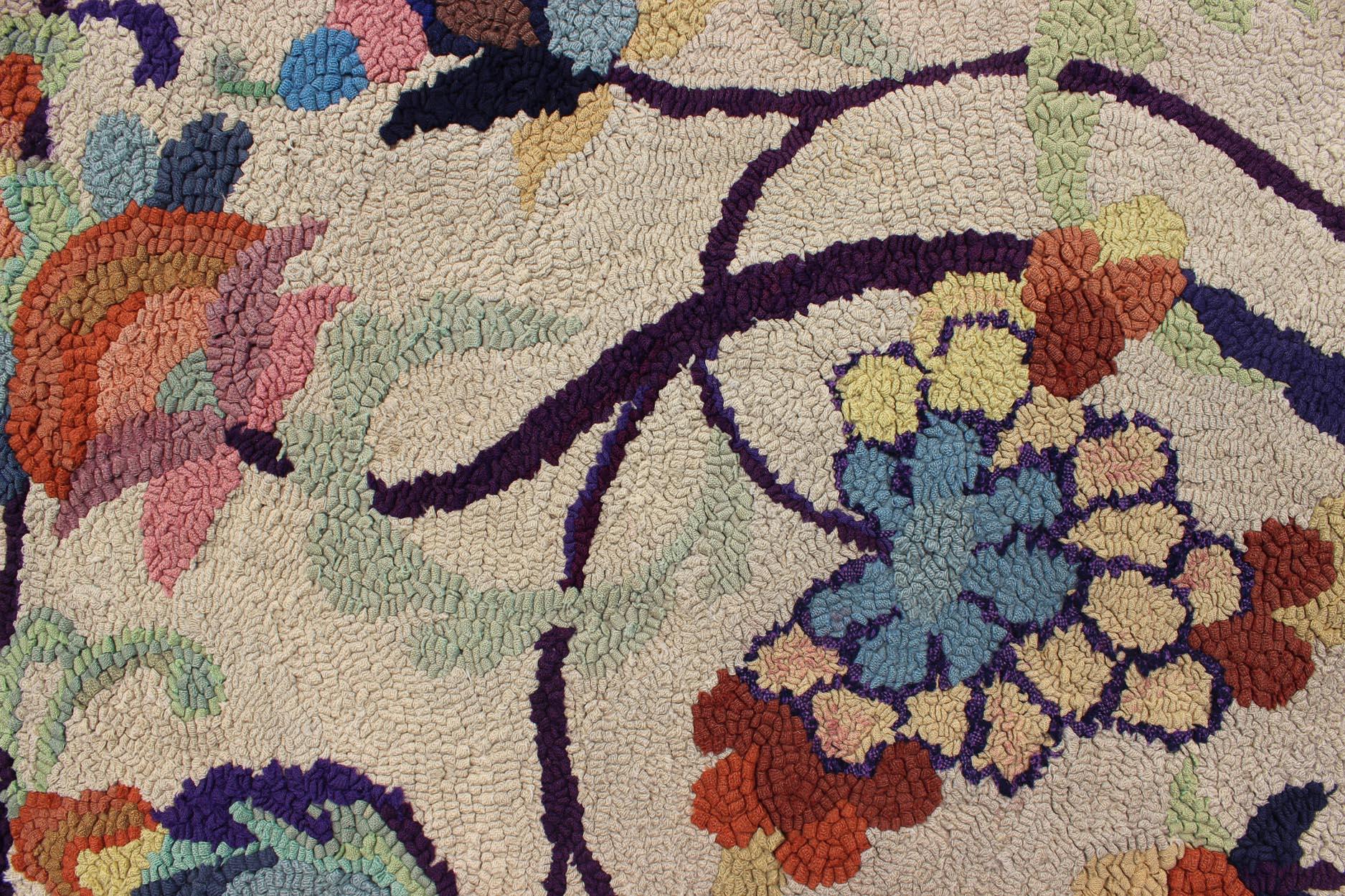 Colorful Vintage American Hooked Rug with Branching Rainbow-Colored Flowers In Excellent Condition For Sale In Atlanta, GA