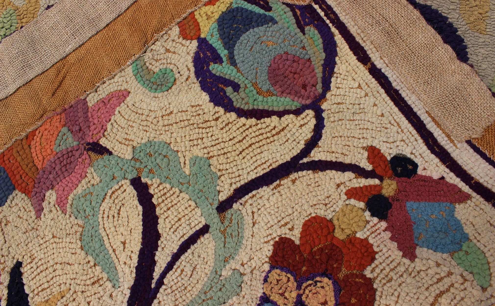 Mid-20th Century Colorful Vintage American Hooked Rug with Branching Rainbow-Colored Flowers For Sale