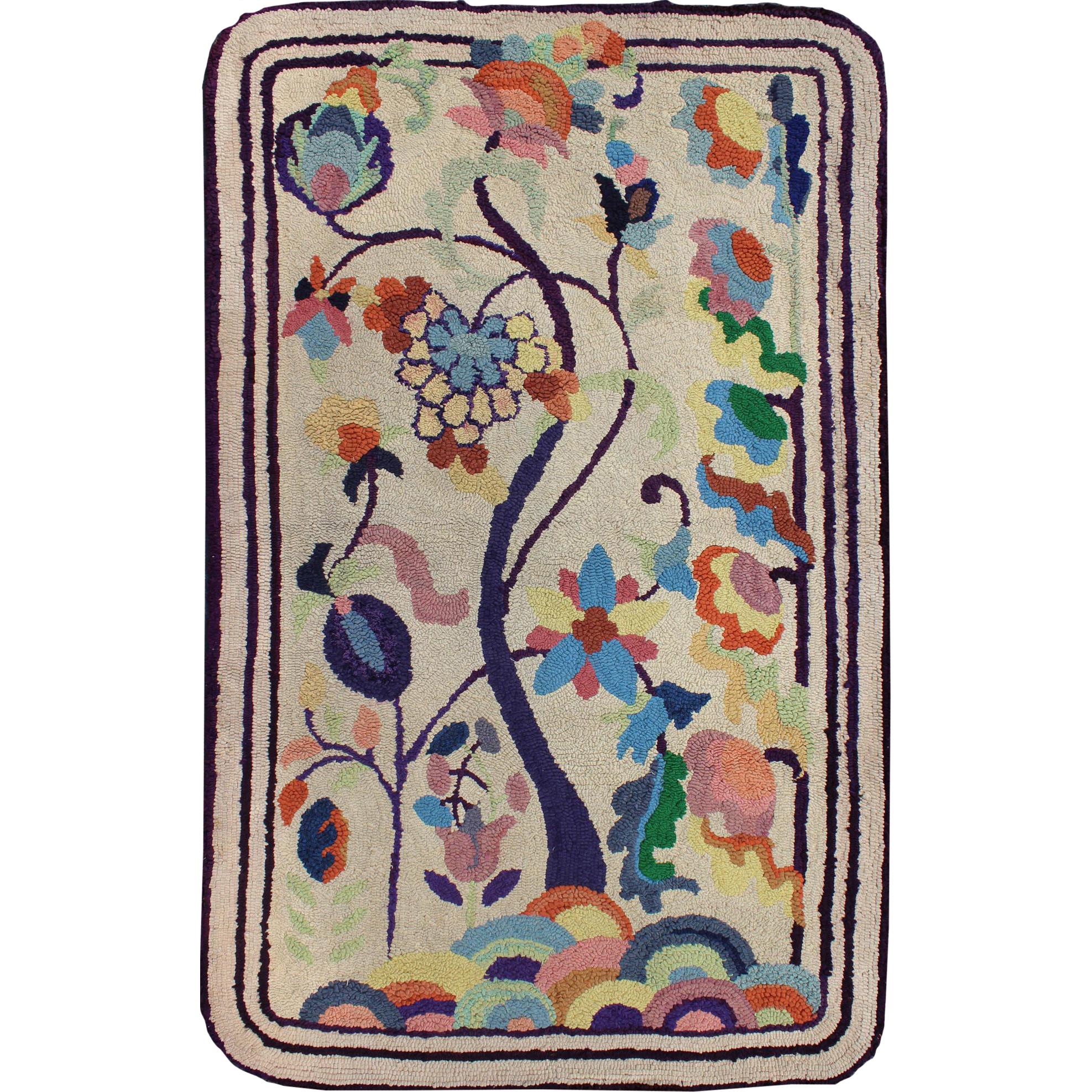 Colorful Vintage American Hooked Rug with Branching Rainbow-Colored Flowers