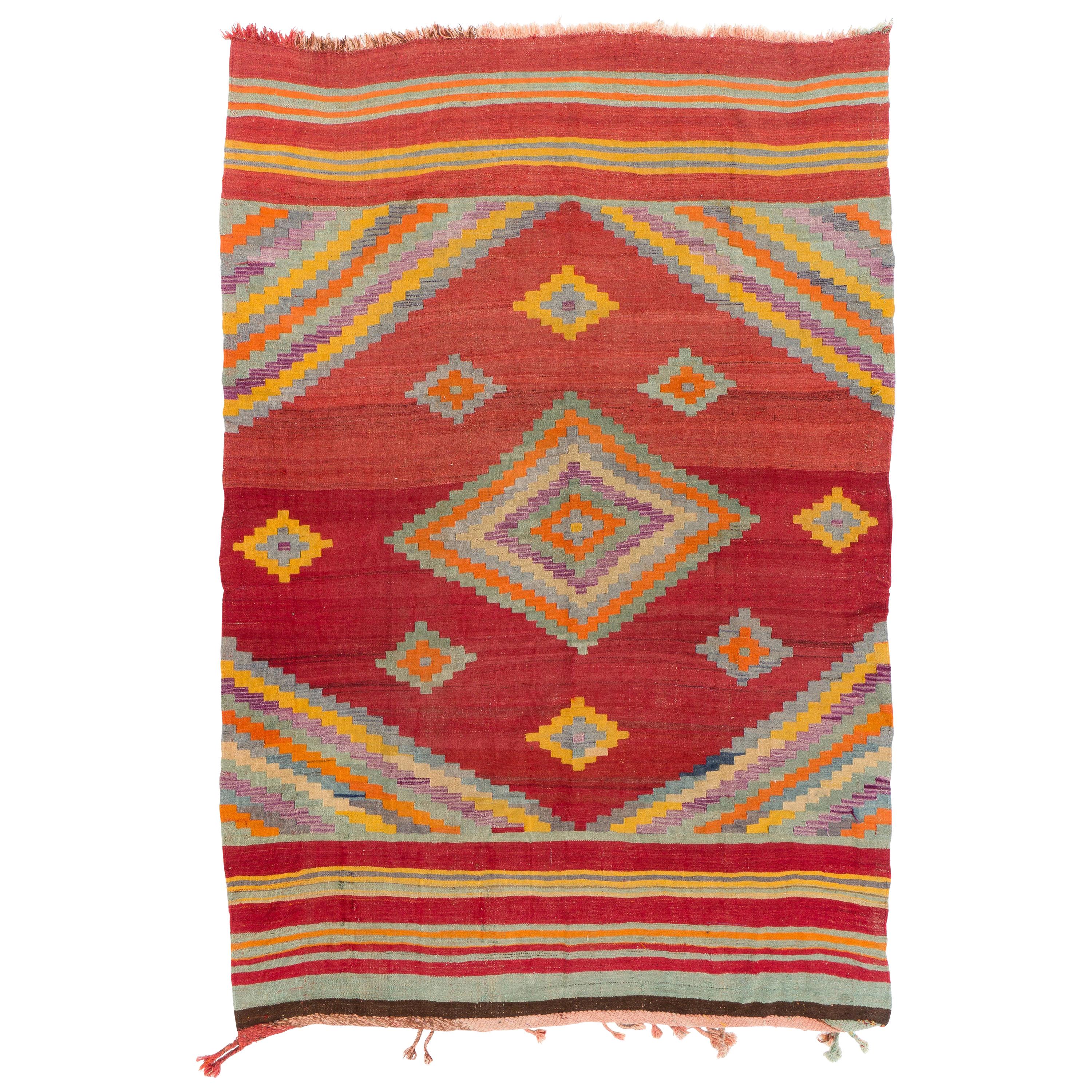 8.3x11.4.Ft Colorful Vintage Anatolian Kilim, FlatWeave Nomadic Rug