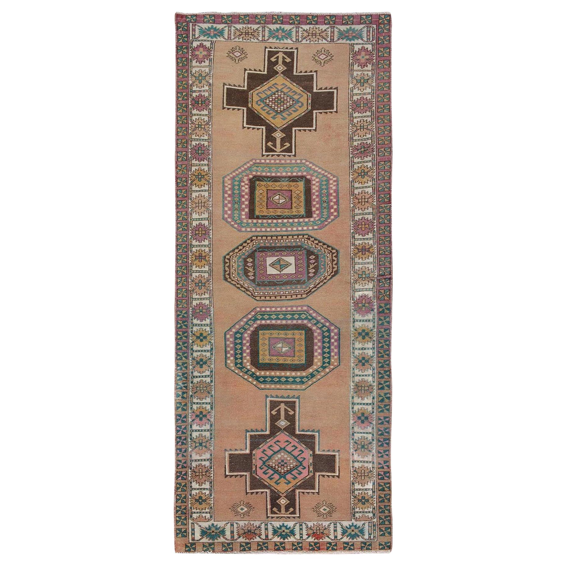 Colorful Vintage and Worn Down Persian Karabakh Hand Knotted Runner Oriental Rug
