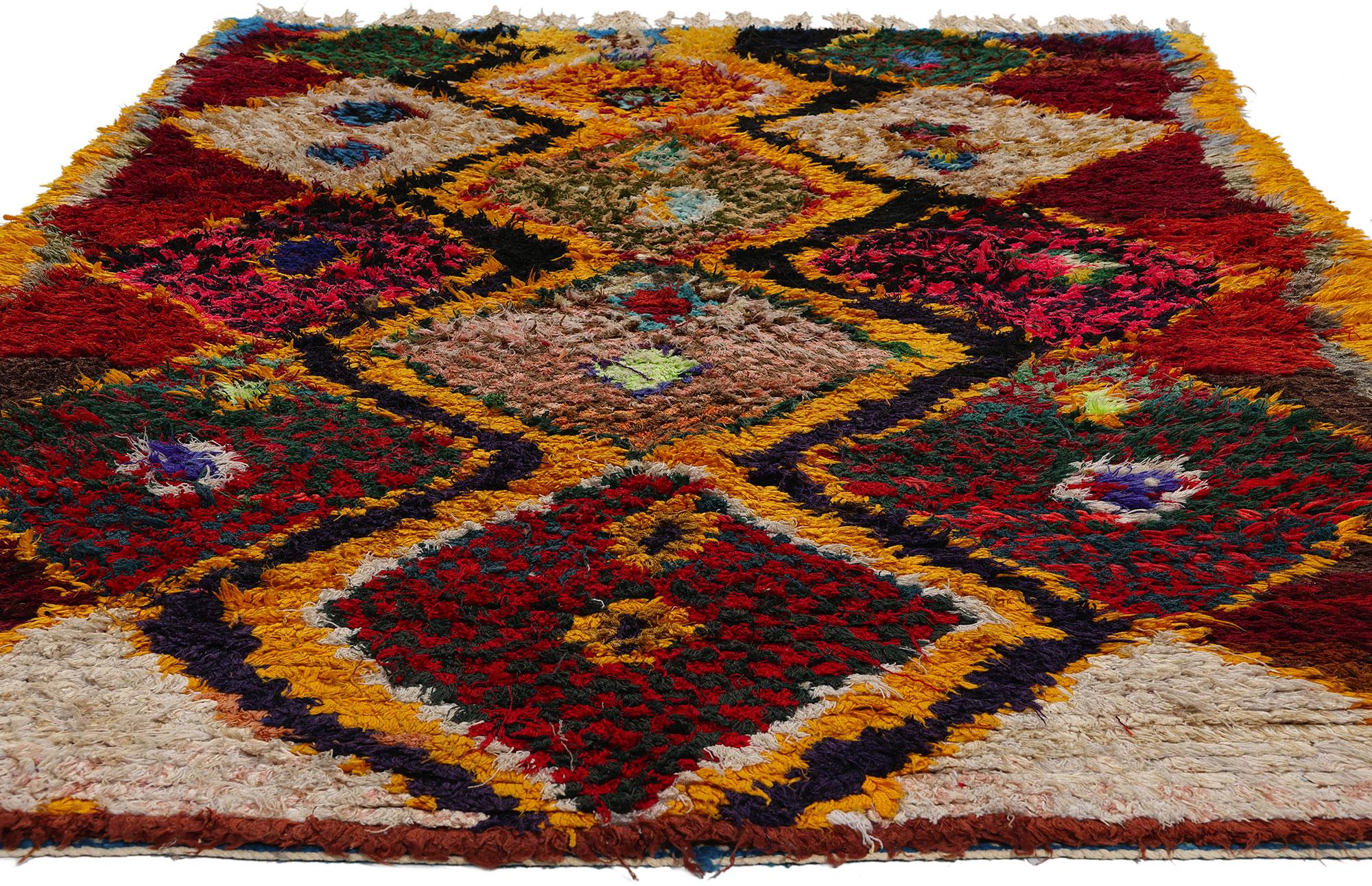 Bohemian Colorful Vintage Berber Moroccan Azilal Rug, Cozy Boho Chic Meets Tribal Allure For Sale