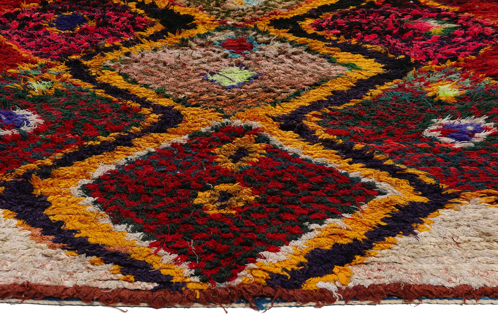Hand-Knotted Colorful Vintage Berber Moroccan Azilal Rug, Cozy Boho Chic Meets Tribal Allure For Sale