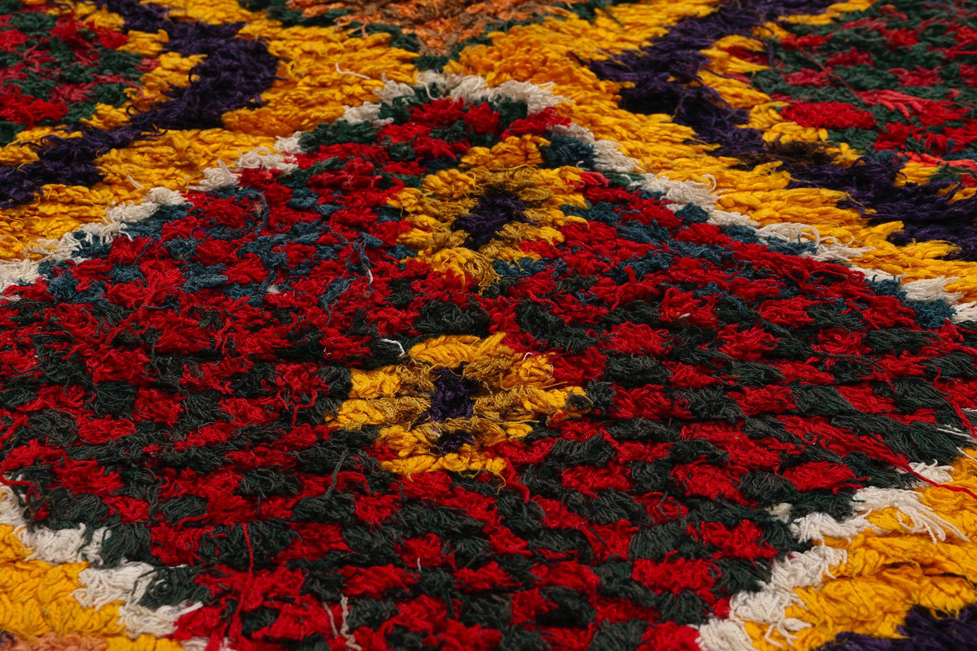 Colorful Vintage Berber Moroccan Azilal Rug, Cozy Boho Chic Meets Tribal Allure In Good Condition For Sale In Dallas, TX