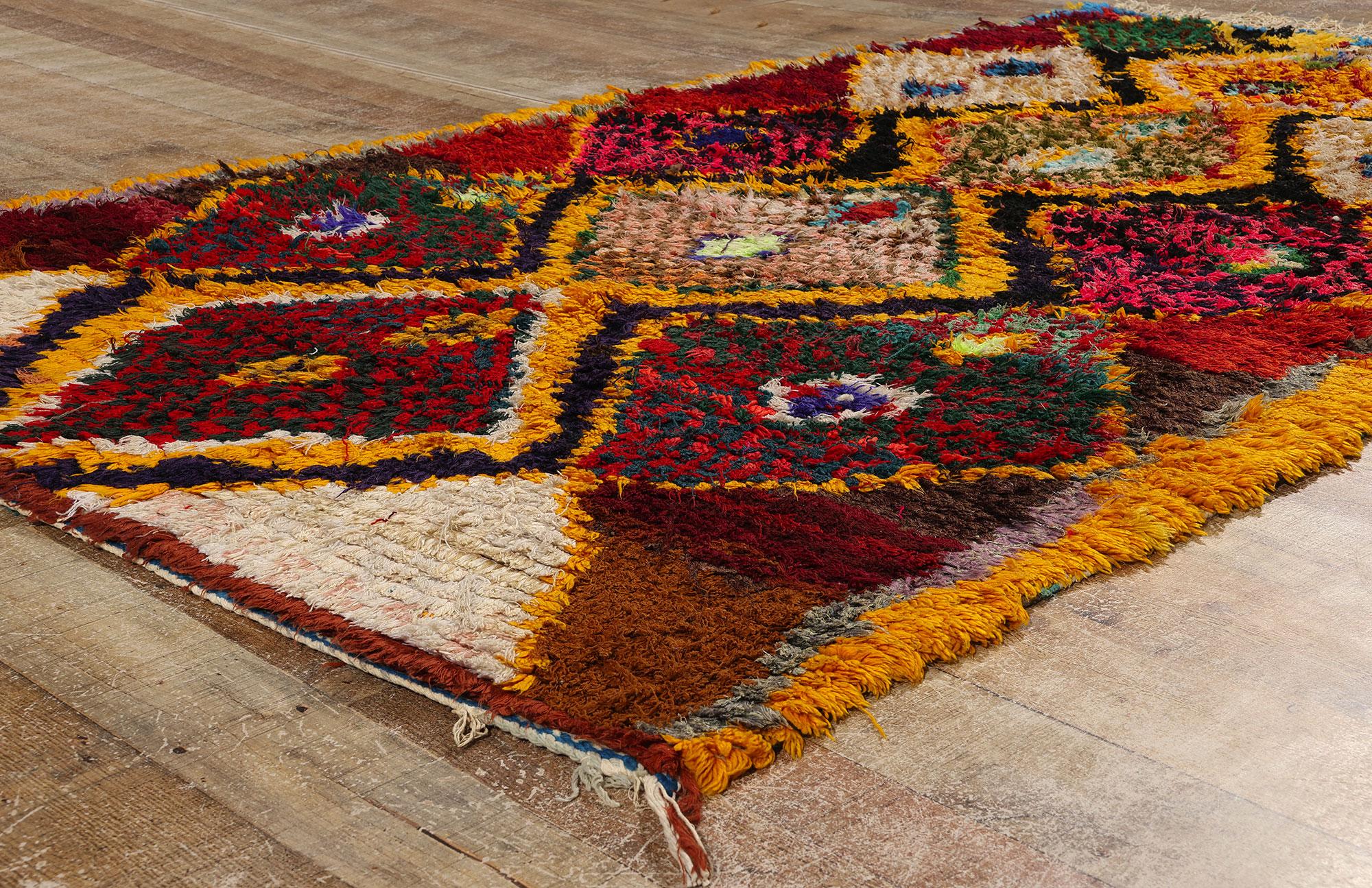 Wool Colorful Vintage Berber Moroccan Azilal Rug, Cozy Boho Chic Meets Tribal Allure For Sale