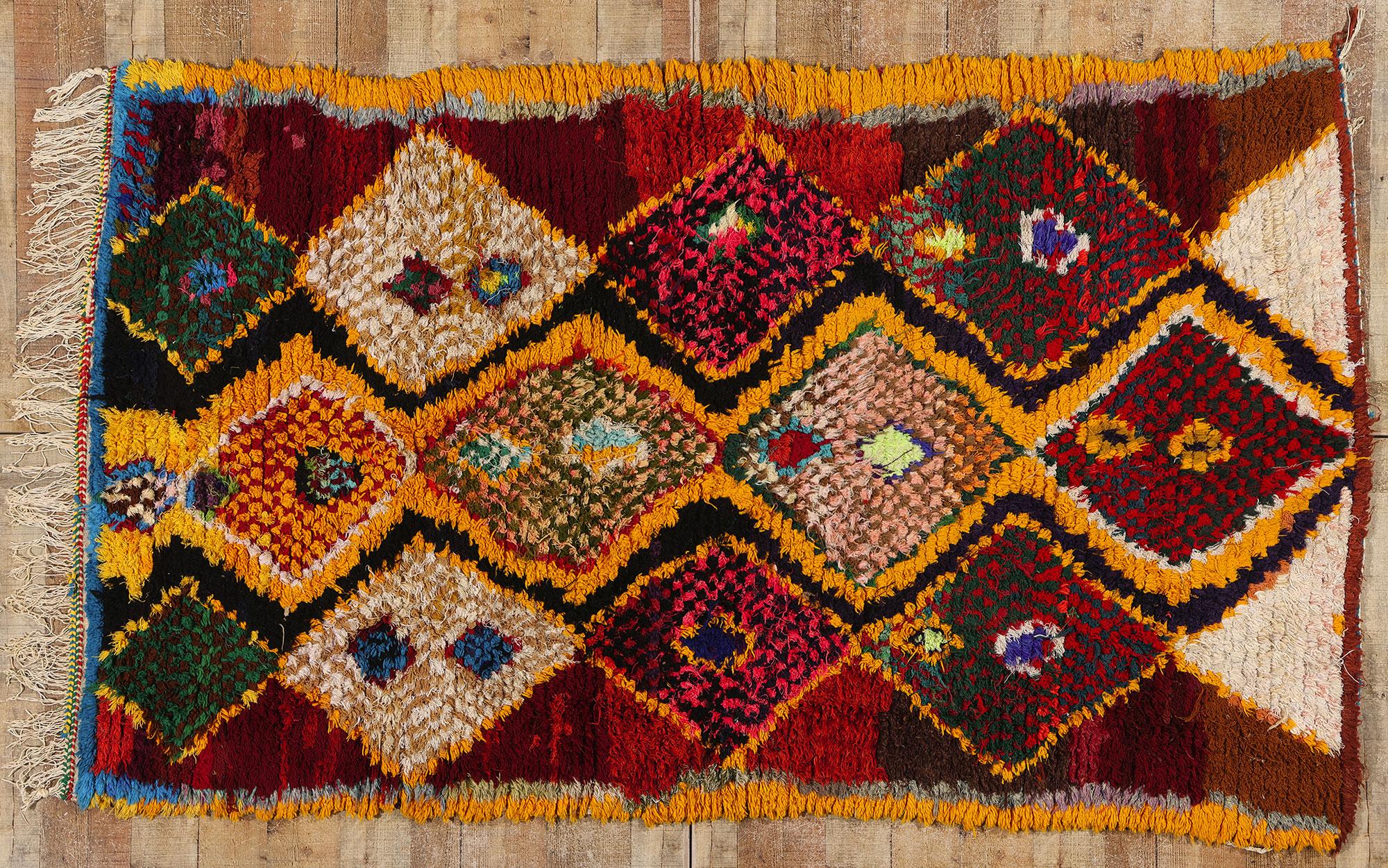 Colorful Vintage Berber Moroccan Azilal Rug, Cozy Boho Chic Meets Tribal Allure For Sale 2