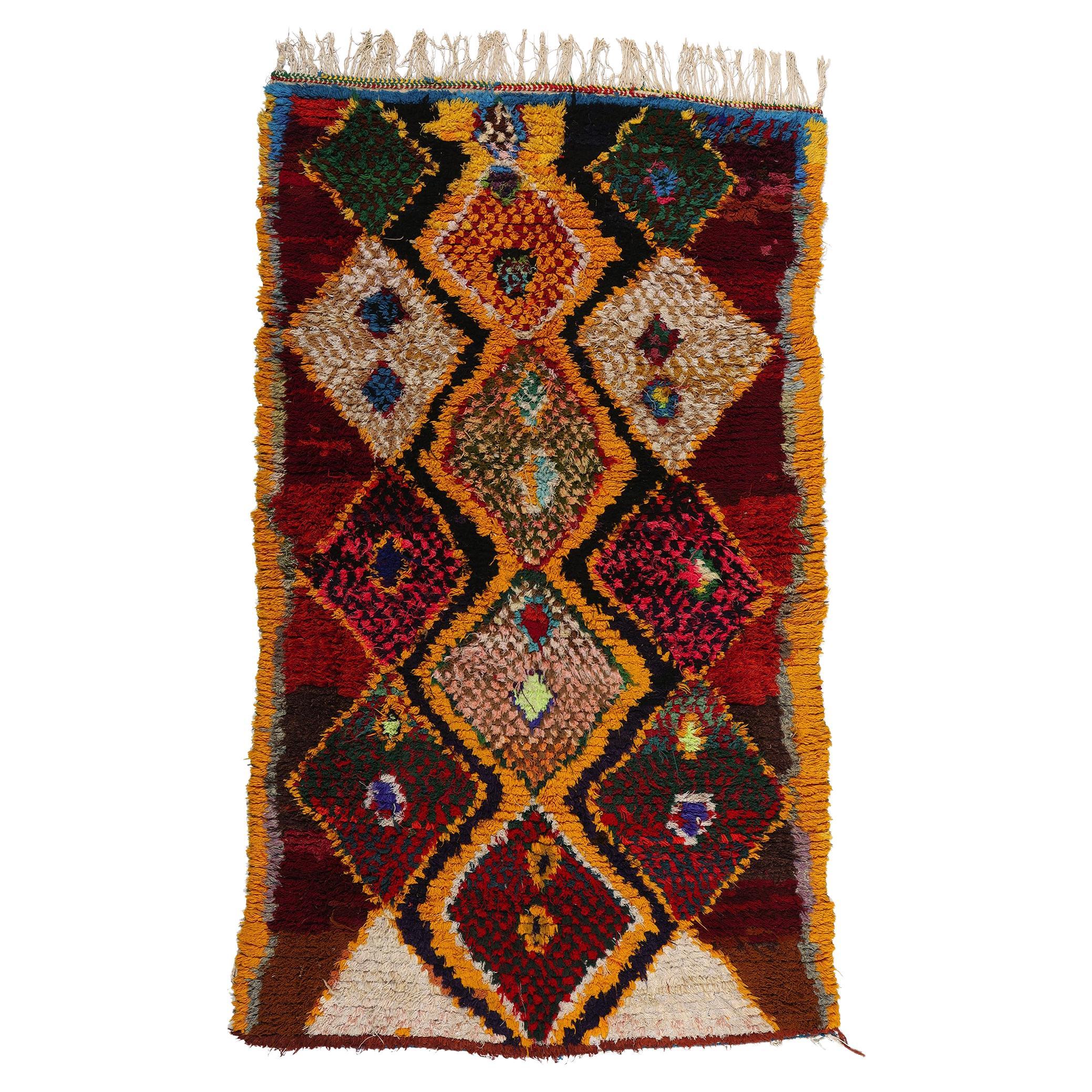 Colorful Vintage Berber Moroccan Azilal Rug, Cozy Boho Chic Meets Tribal Allure For Sale