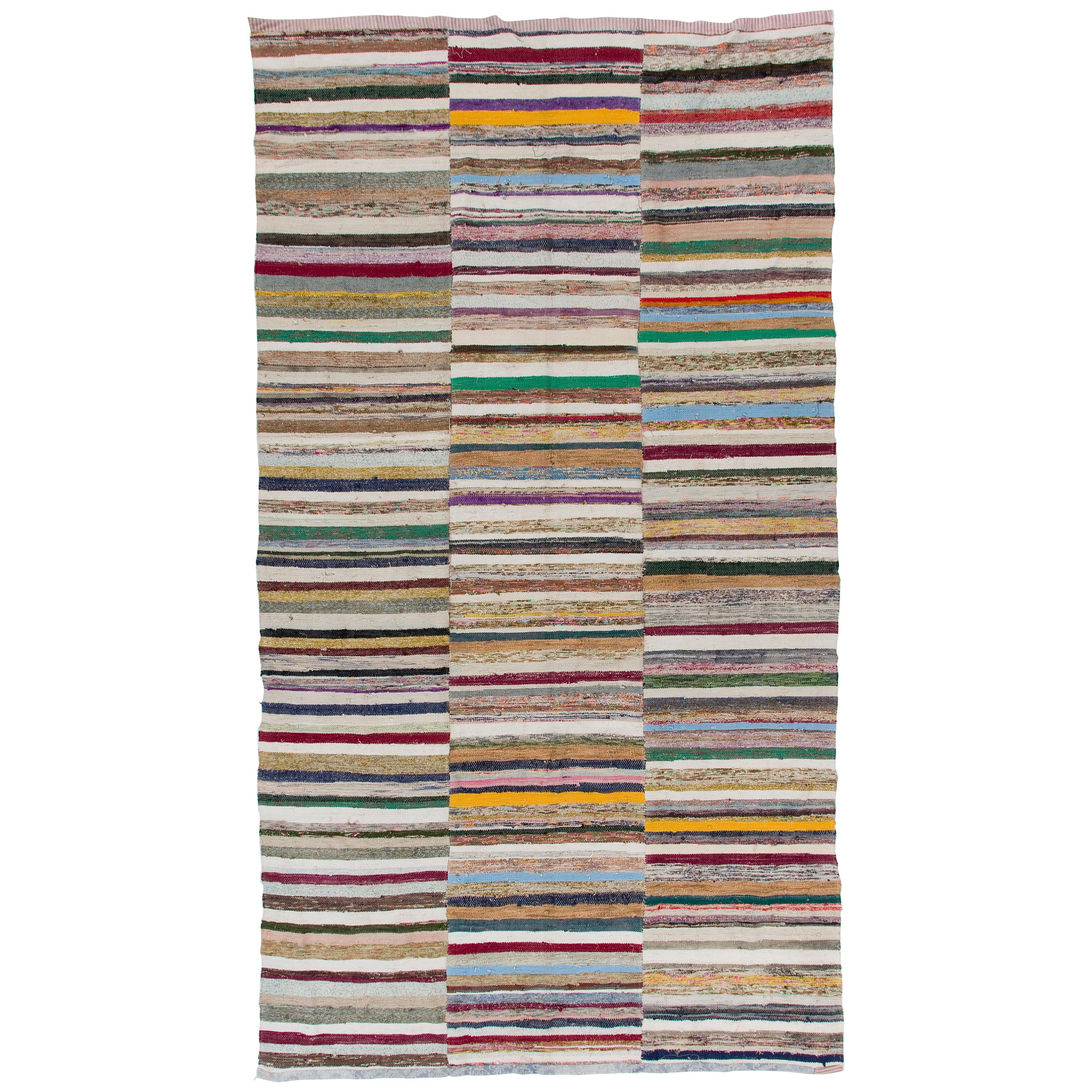 Midcentury Cotton Rag Rug with Colorful Stripes at 1stDibs