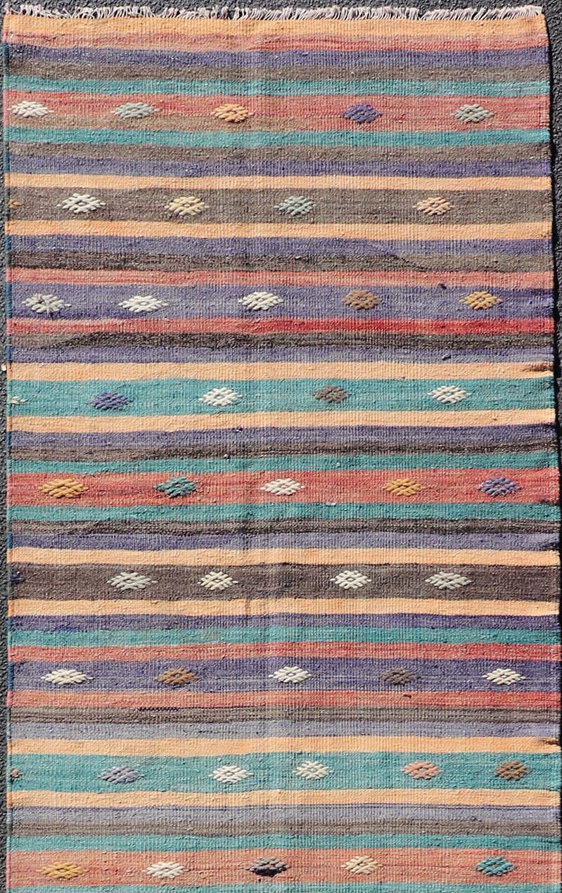 Turkish Colorful Vintage Embroidered Kilim Runner with Stripe's and Geometric For Sale