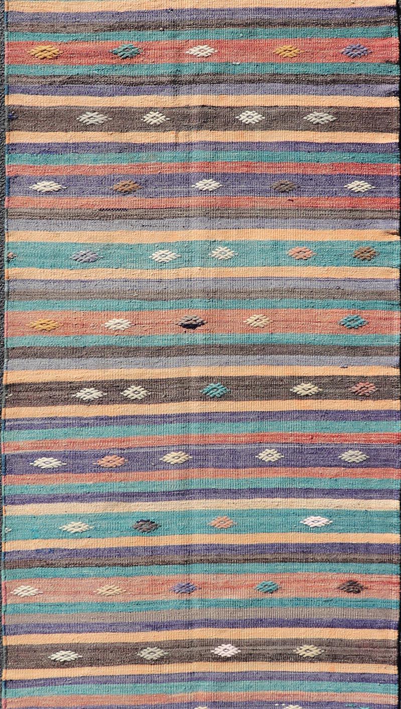 Hand-Woven Colorful Vintage Embroidered Kilim Runner with Stripe's and Geometric For Sale