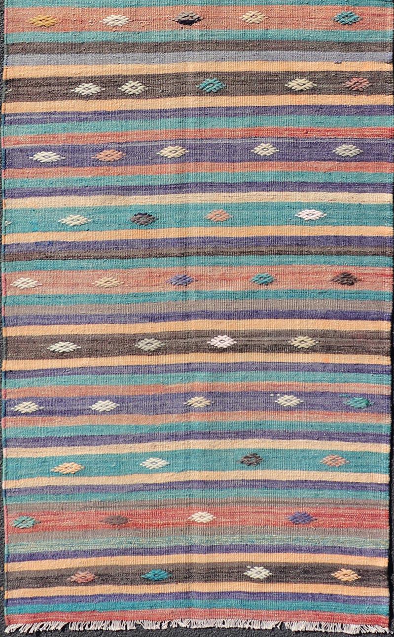 Colorful Vintage Embroidered Kilim Runner with Stripe's and Geometric In Good Condition For Sale In Atlanta, GA