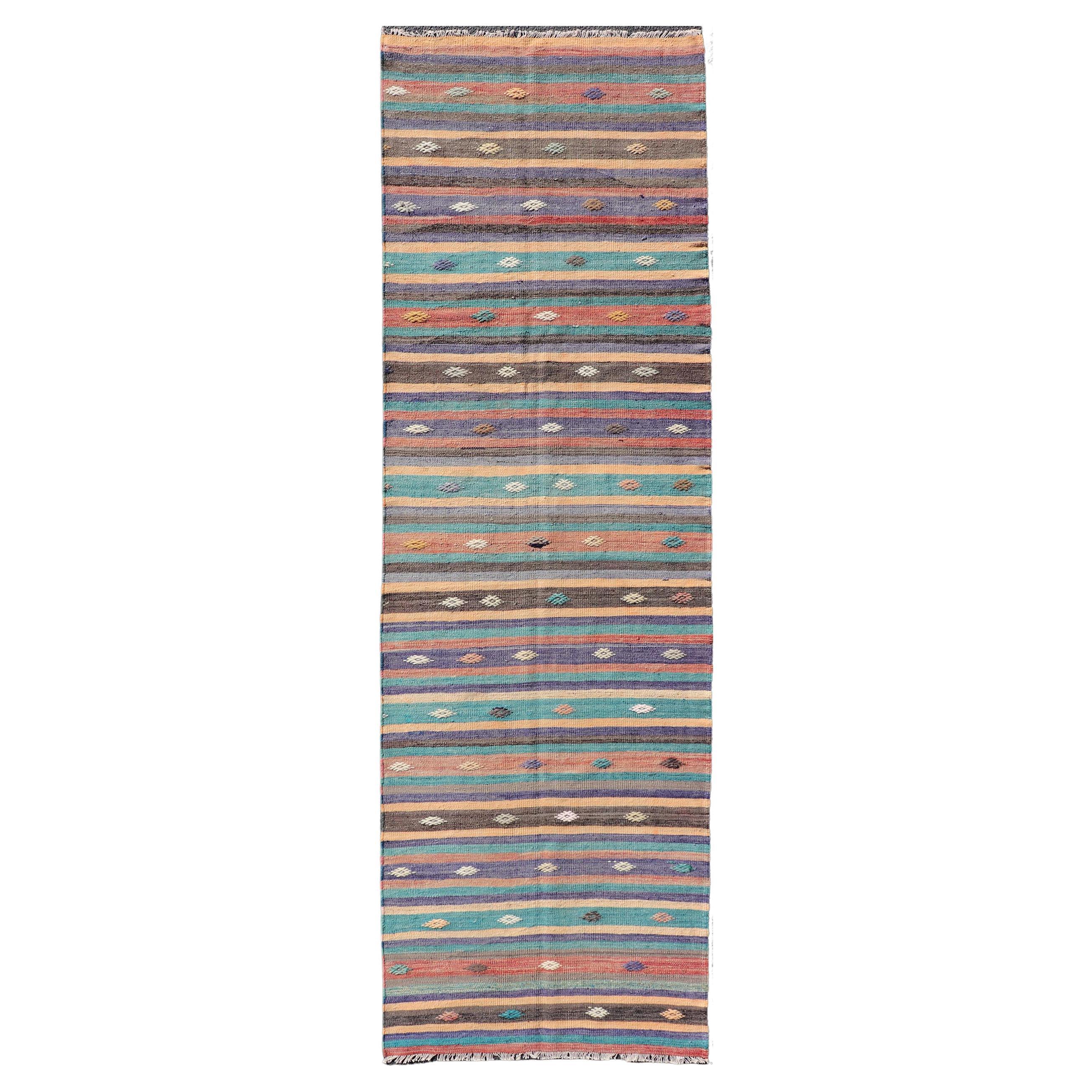 Colorful Vintage Embroidered Kilim Runner with Stripe's and Geometric For Sale