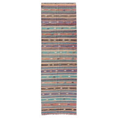 Colorful Vintage Embroidered Kilim Runner with Stripe's and Geometric