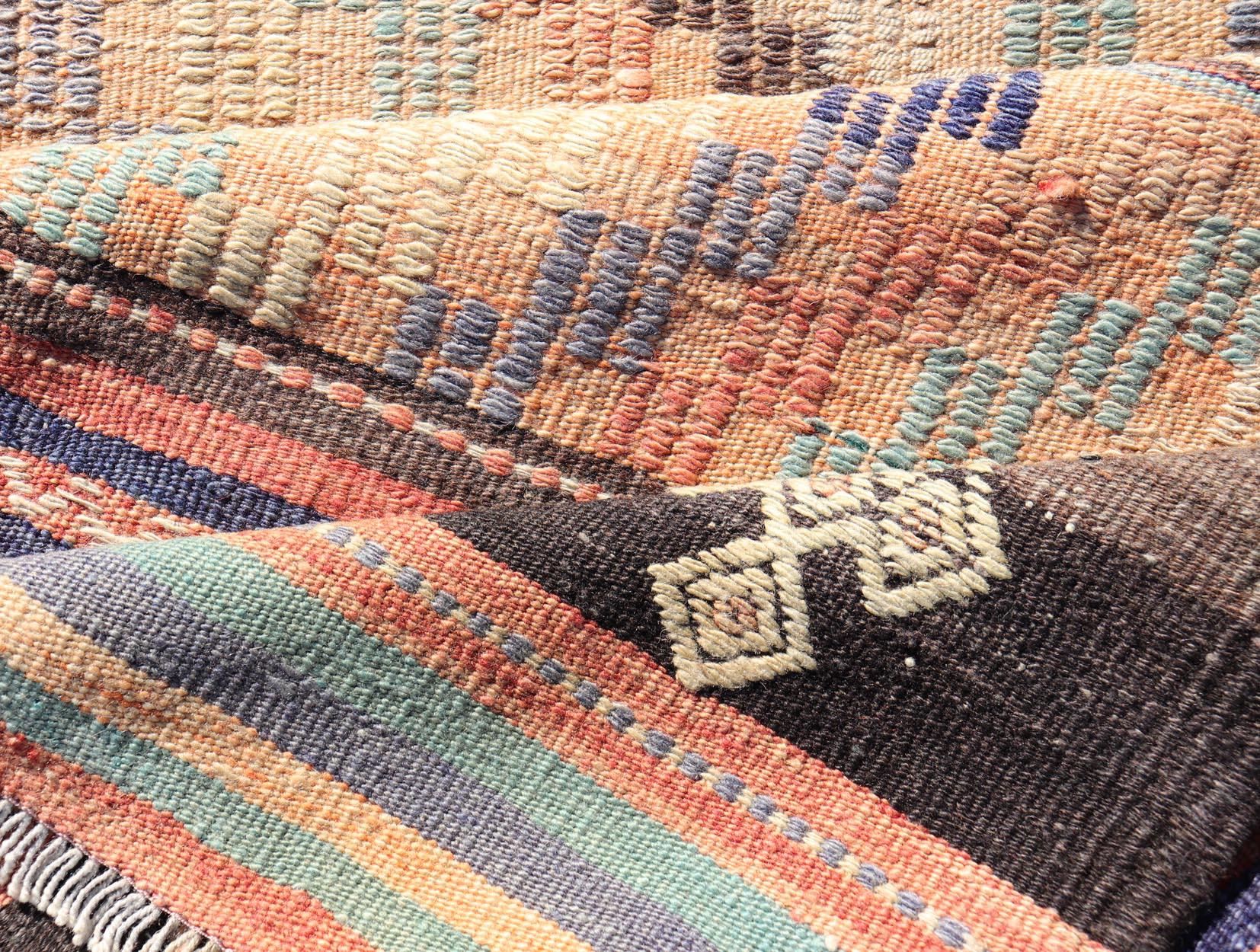Colorful Vintage Embroidered Kilim Runner with Stripe's and Geometric Motifs For Sale 3