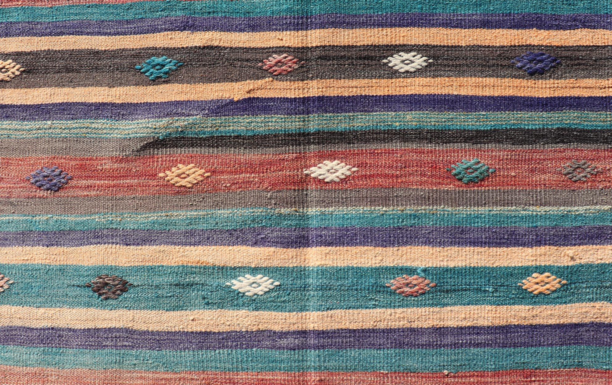 Colorful Vintage Embroidered Kilim Runner with Stripe's and Geometric Motifs For Sale 4