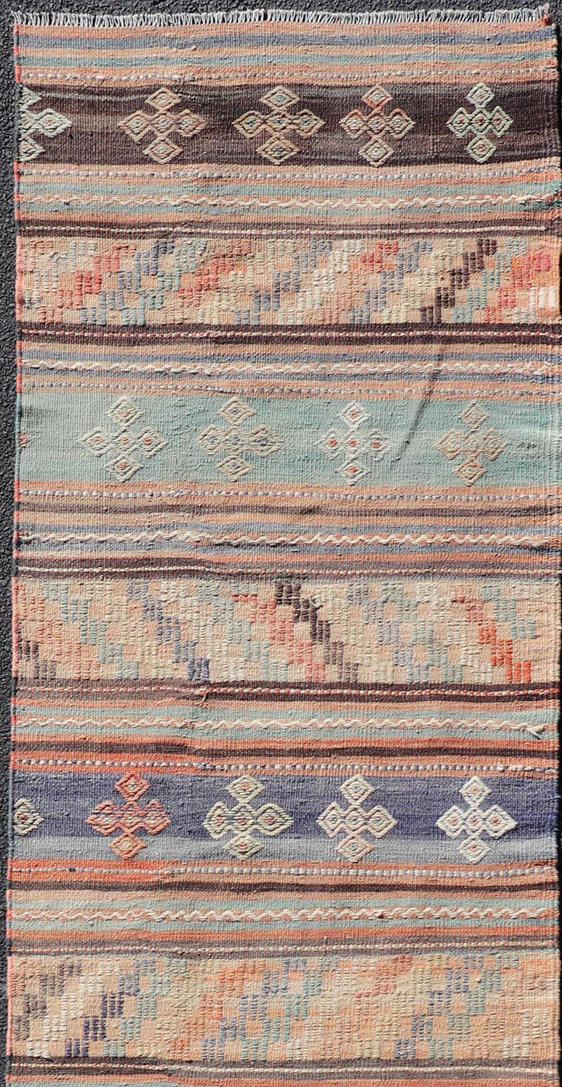 Turkish Colorful Vintage Embroidered Kilim Runner with Stripe's and Geometric Motifs For Sale