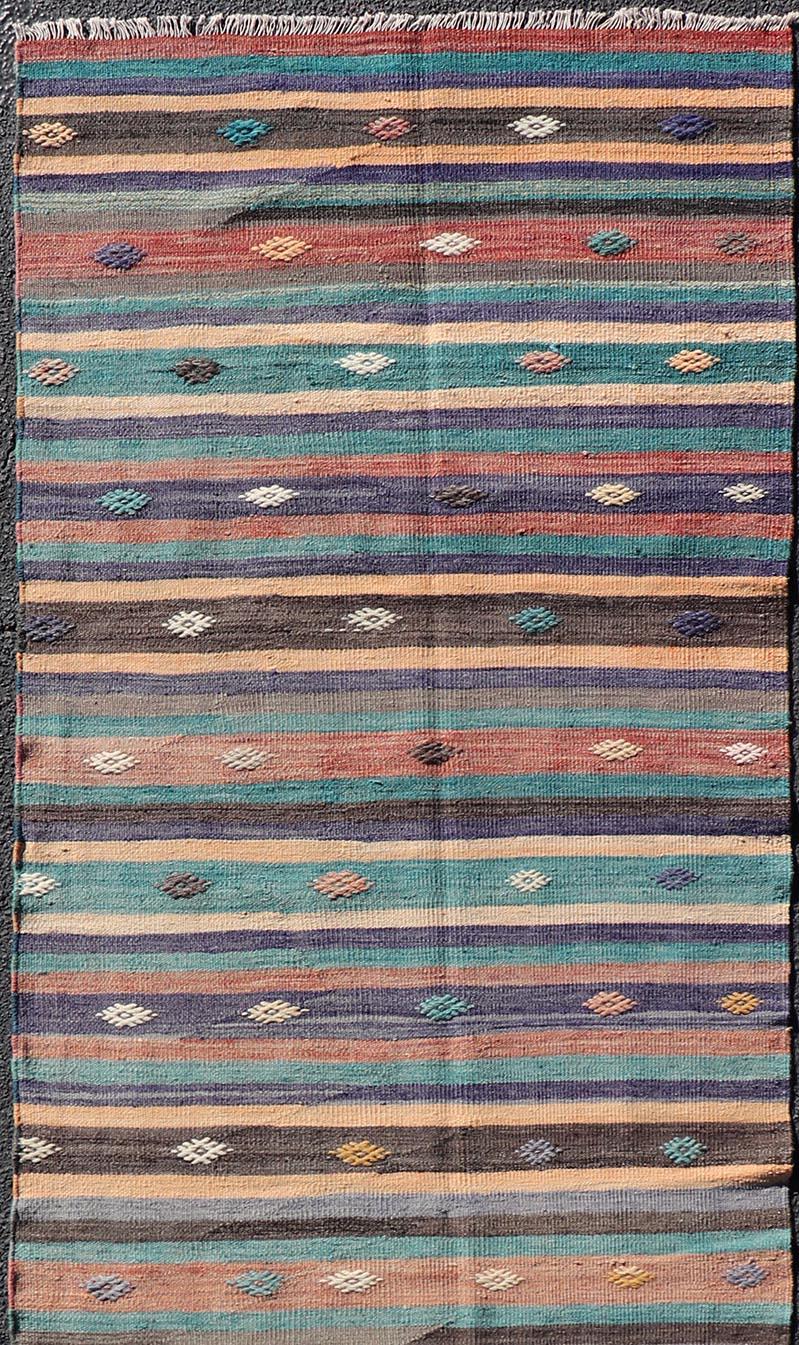 Turkish Colorful Vintage Embroidered Kilim Runner with Stripe's and Geometric Motifs For Sale
