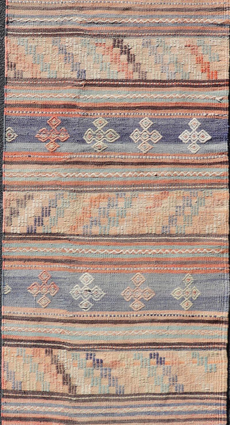 Hand-Woven Colorful Vintage Embroidered Kilim Runner with Stripe's and Geometric Motifs For Sale