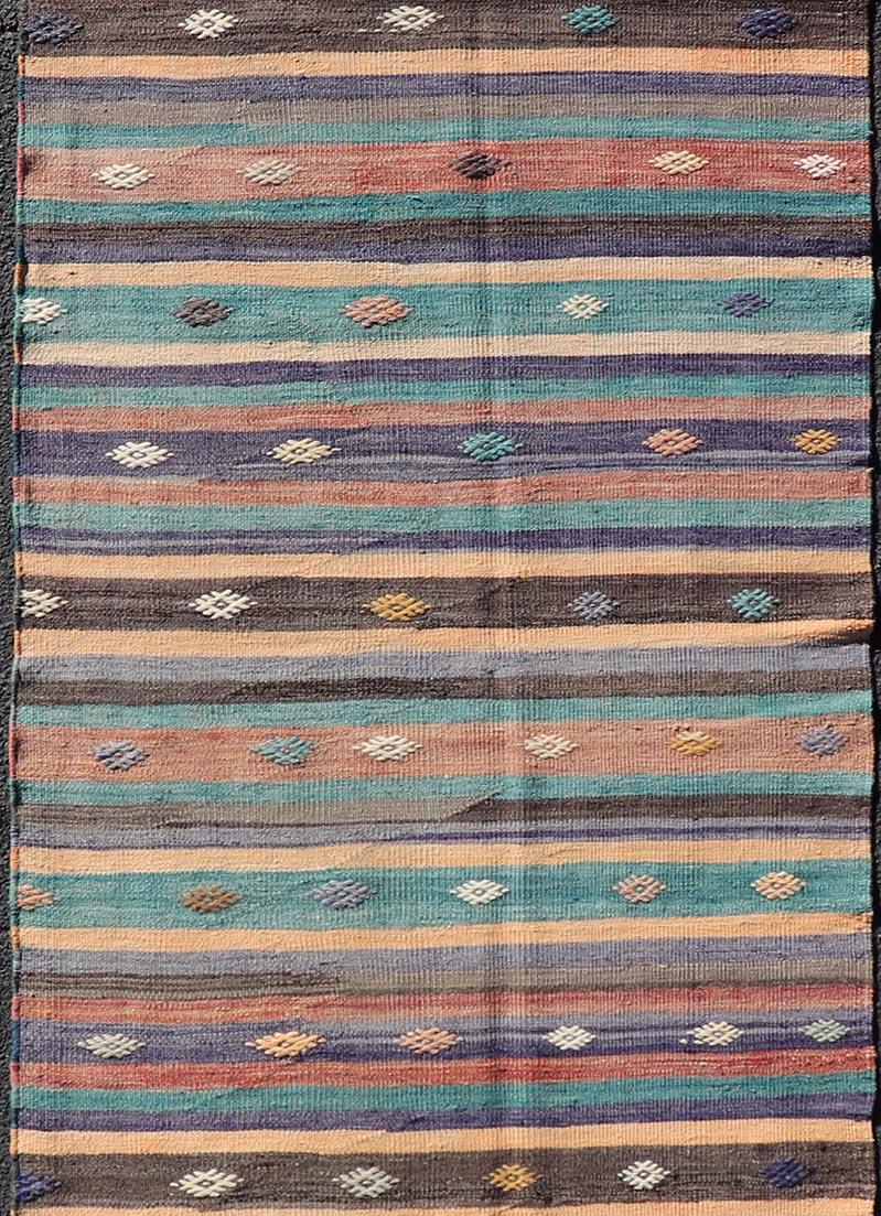 Hand-Woven Colorful Vintage Embroidered Kilim Runner with Stripe's and Geometric Motifs For Sale