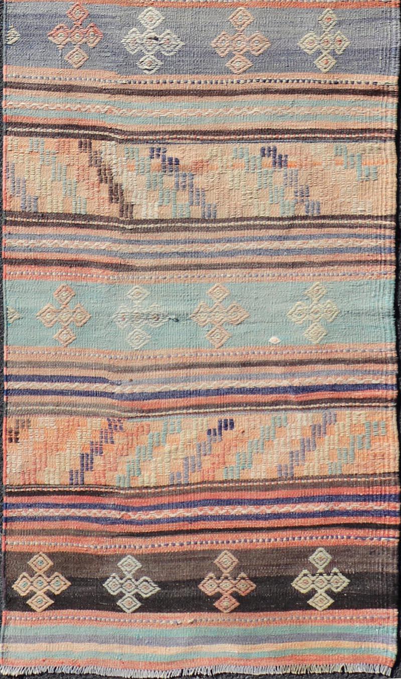 Colorful Vintage Embroidered Kilim Runner with Stripe's and Geometric Motifs In Good Condition For Sale In Atlanta, GA