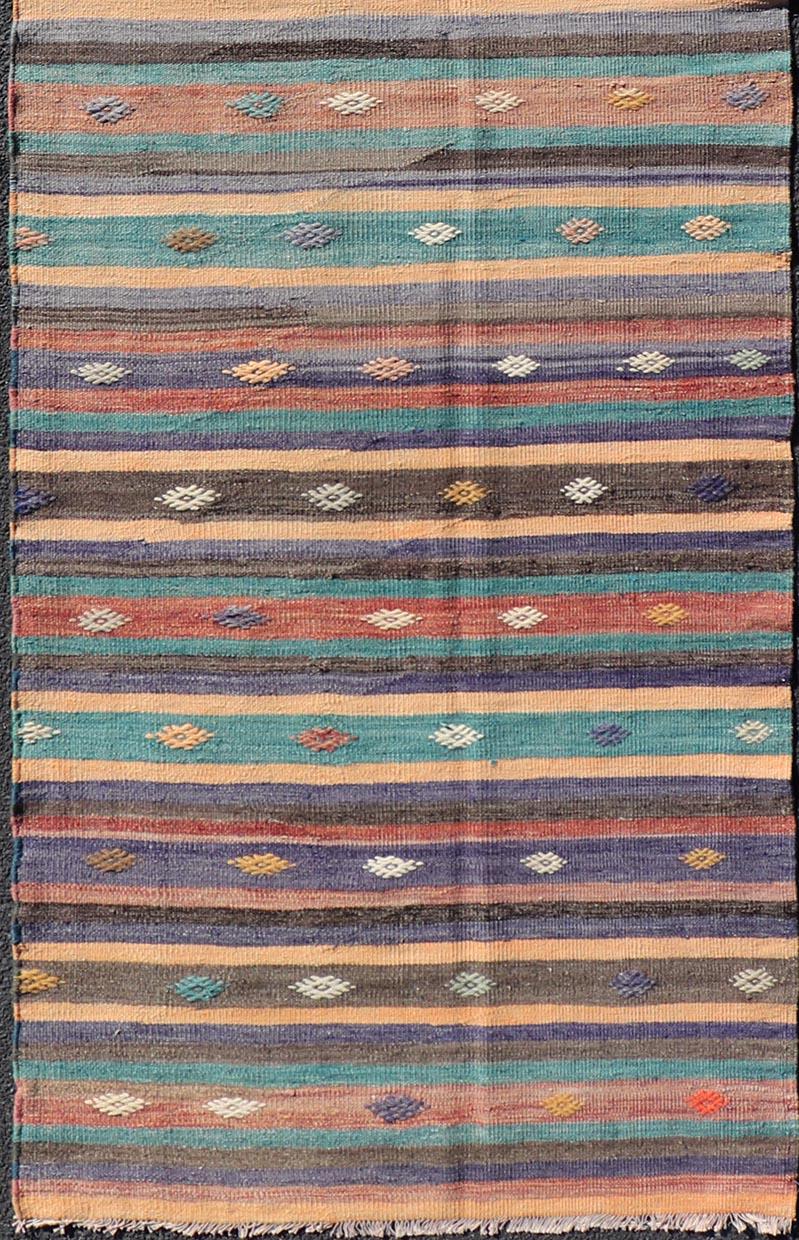 Colorful Vintage Embroidered Kilim Runner with Stripe's and Geometric Motifs In Good Condition For Sale In Atlanta, GA