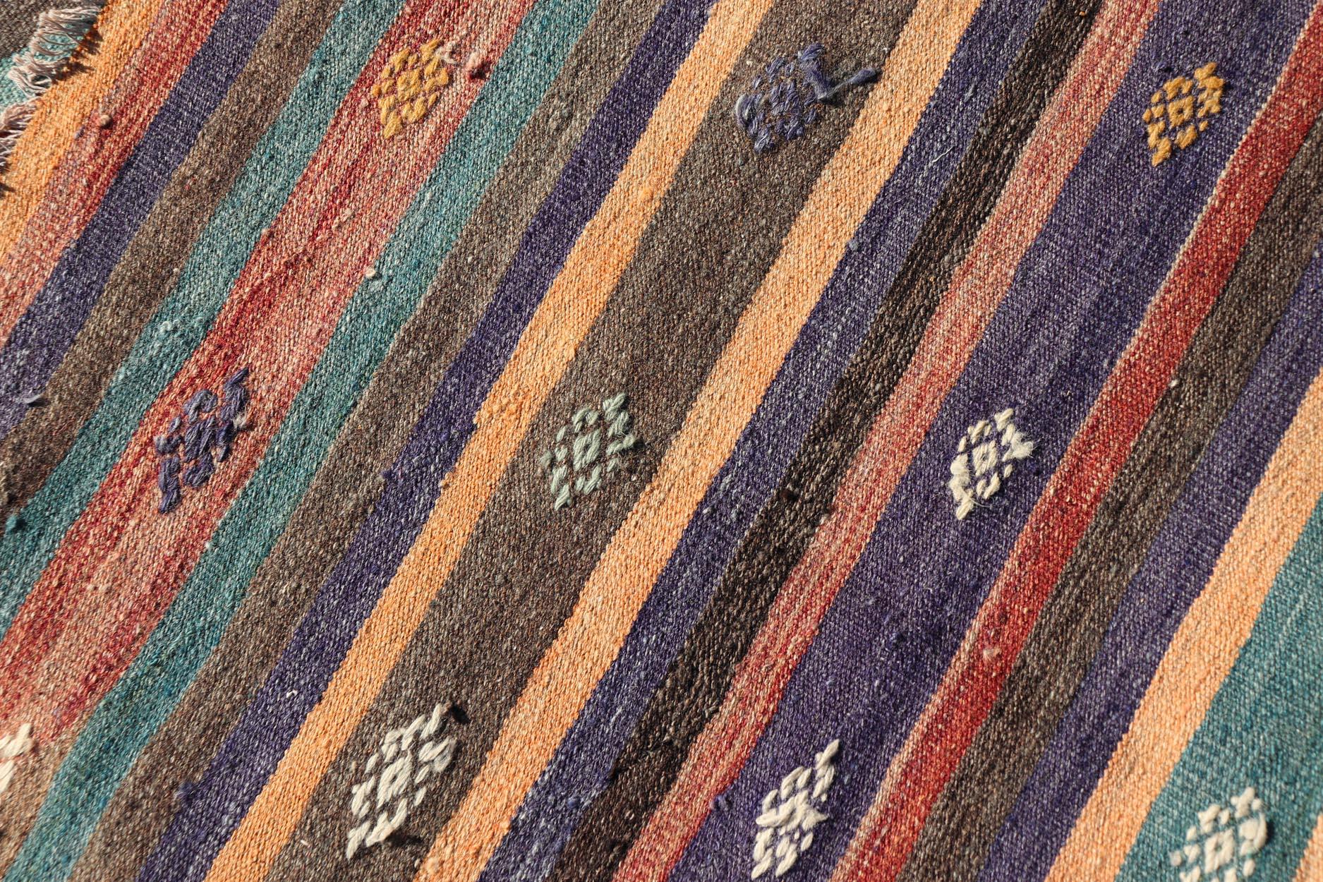 20th Century Colorful Vintage Embroidered Kilim Runner with Stripe's and Geometric Motifs For Sale