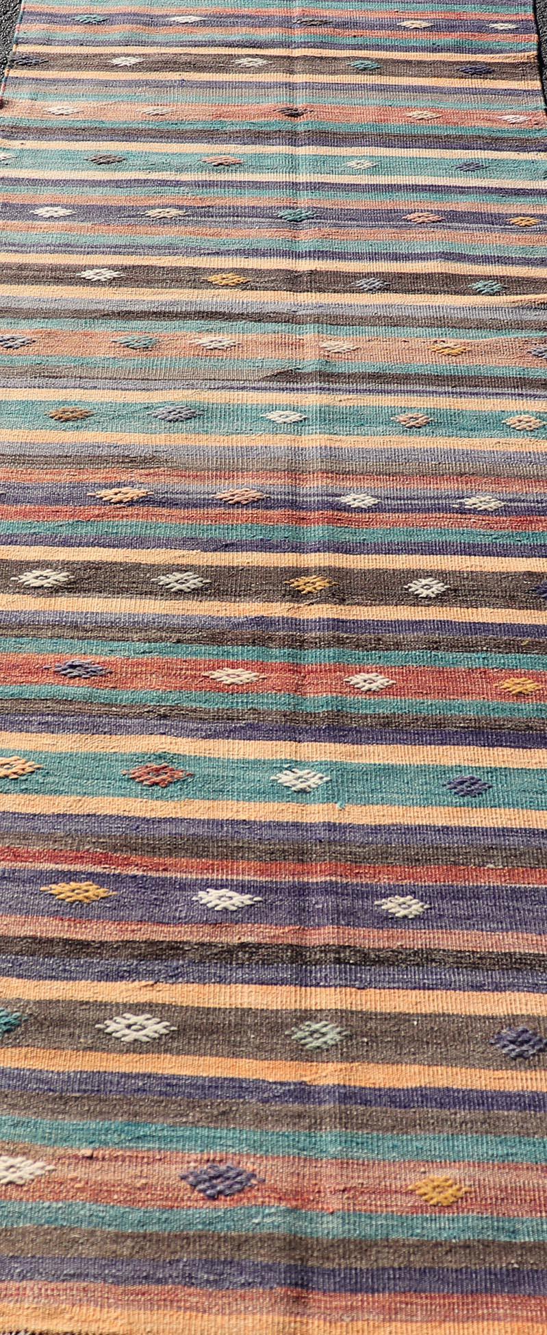 Colorful Vintage Embroidered Kilim Runner with Stripe's and Geometric Motifs For Sale 1