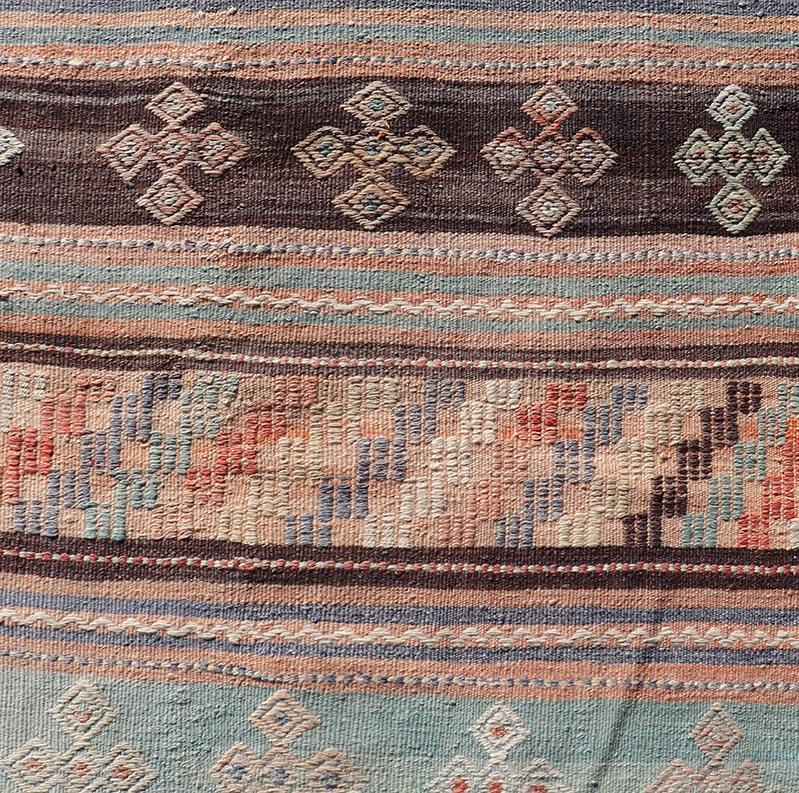 Colorful Vintage Embroidered Kilim Runner with Stripe's and Geometric Motifs For Sale 2