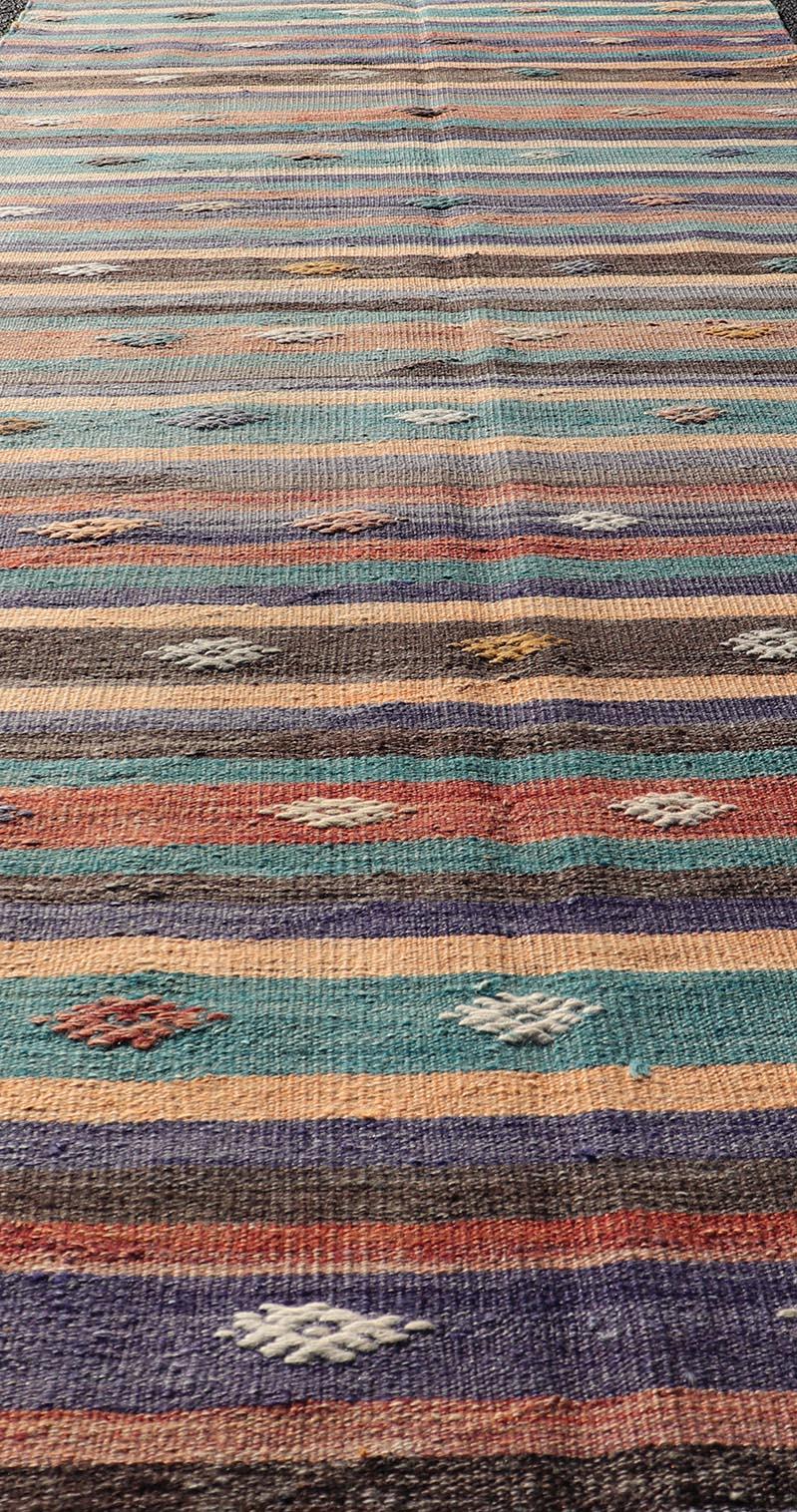 Colorful Vintage Embroidered Kilim Runner with Stripe's and Geometric Motifs For Sale 2
