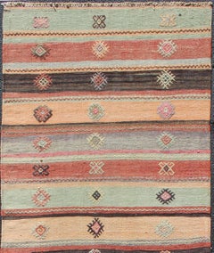 Colorful Vintage Embroidered Kilim Runner with Stripe's and Geometric Prints