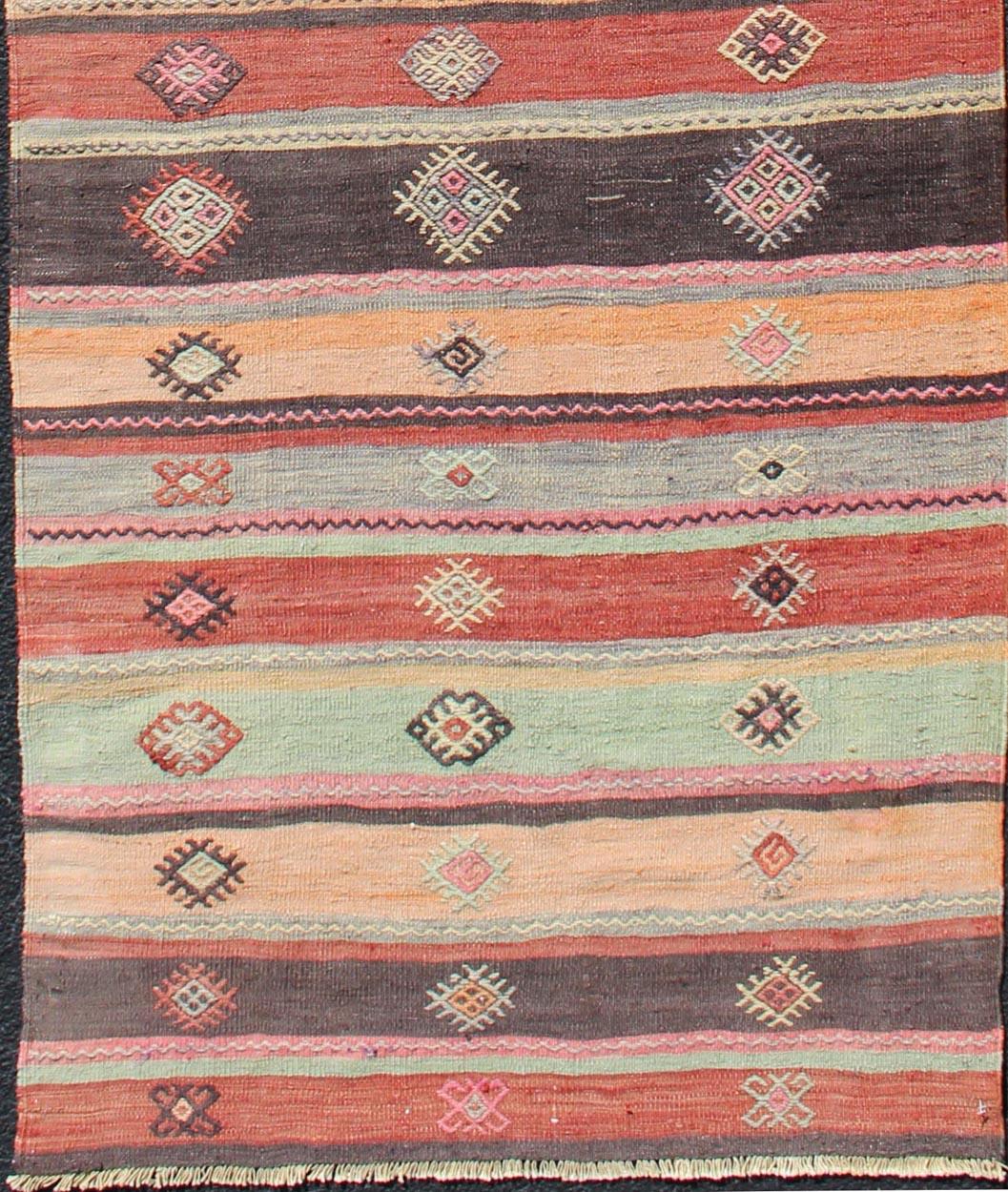 Turkish Colorful Vintage Embroidered Kilim Runner with Stripe's and Geometric Prints For Sale