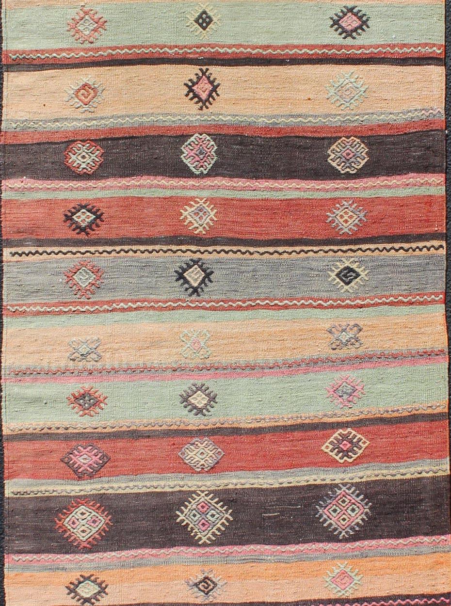 Hand-Woven Colorful Vintage Embroidered Kilim Runner with Stripe's and Geometric Prints For Sale