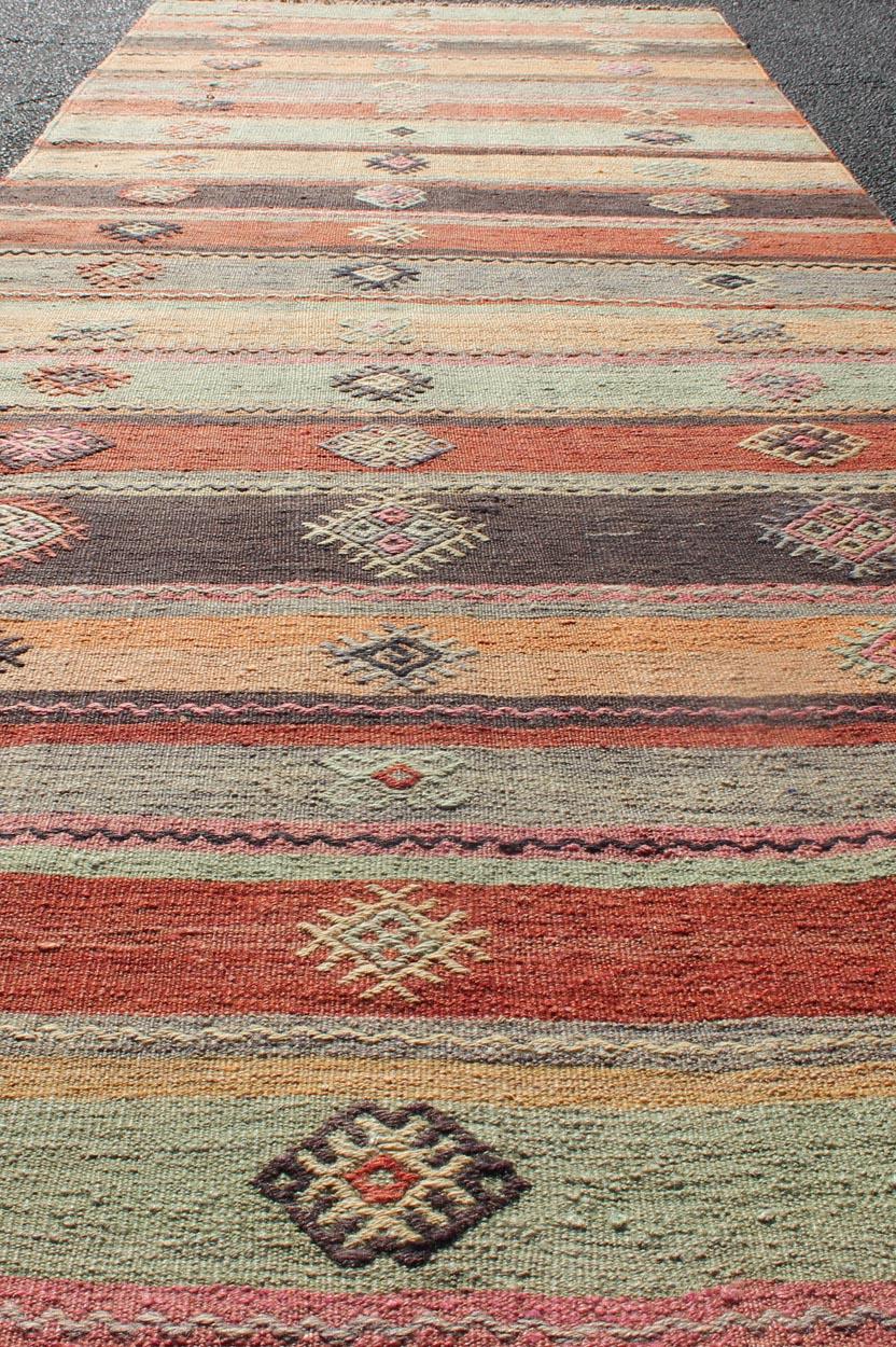 20th Century Colorful Vintage Embroidered Kilim Runner with Stripe's and Geometric Prints For Sale